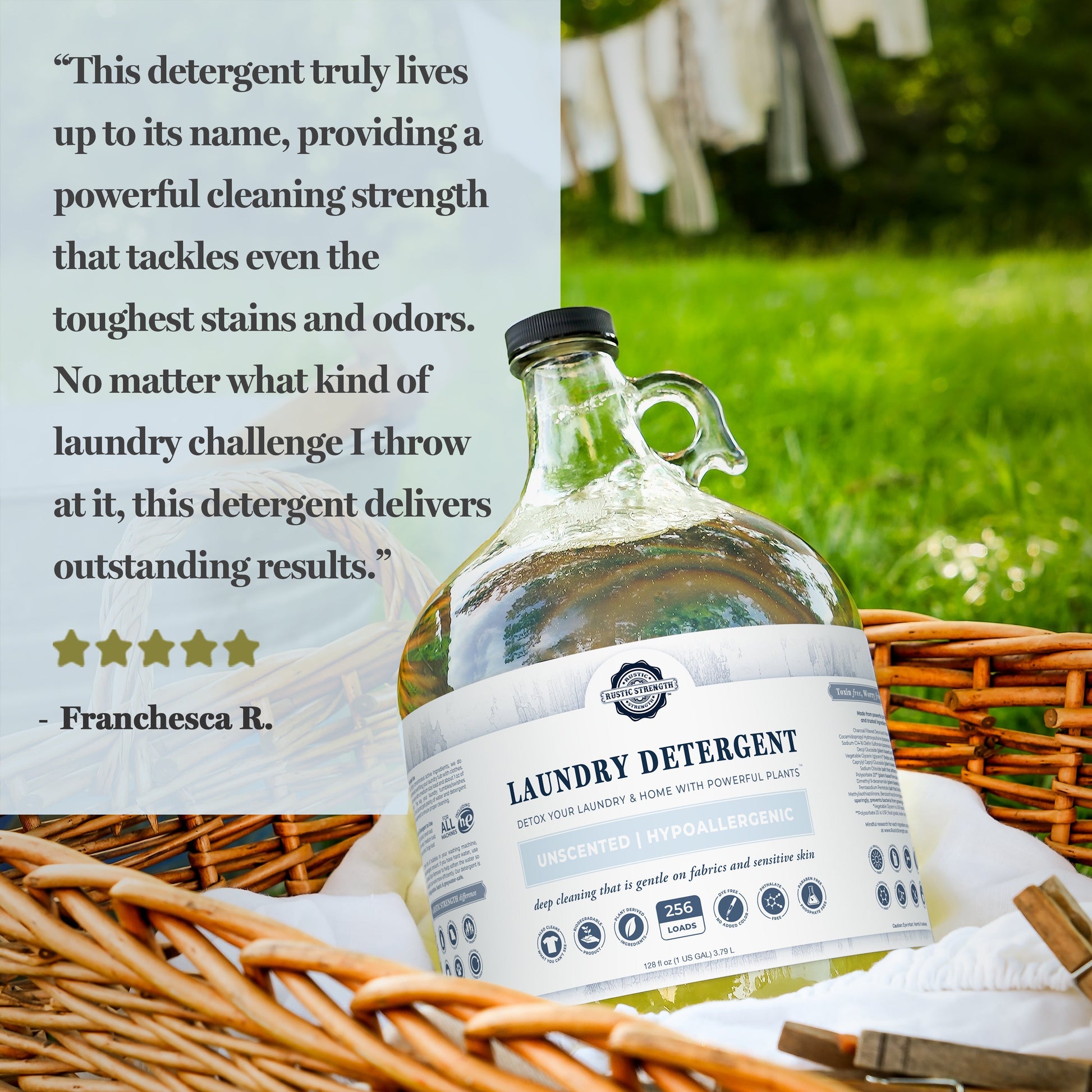 Rustic Strength unscented laundry detergent in a 24 oz glass bottle, ideal for gentle, scent-free laundry cleaning.
