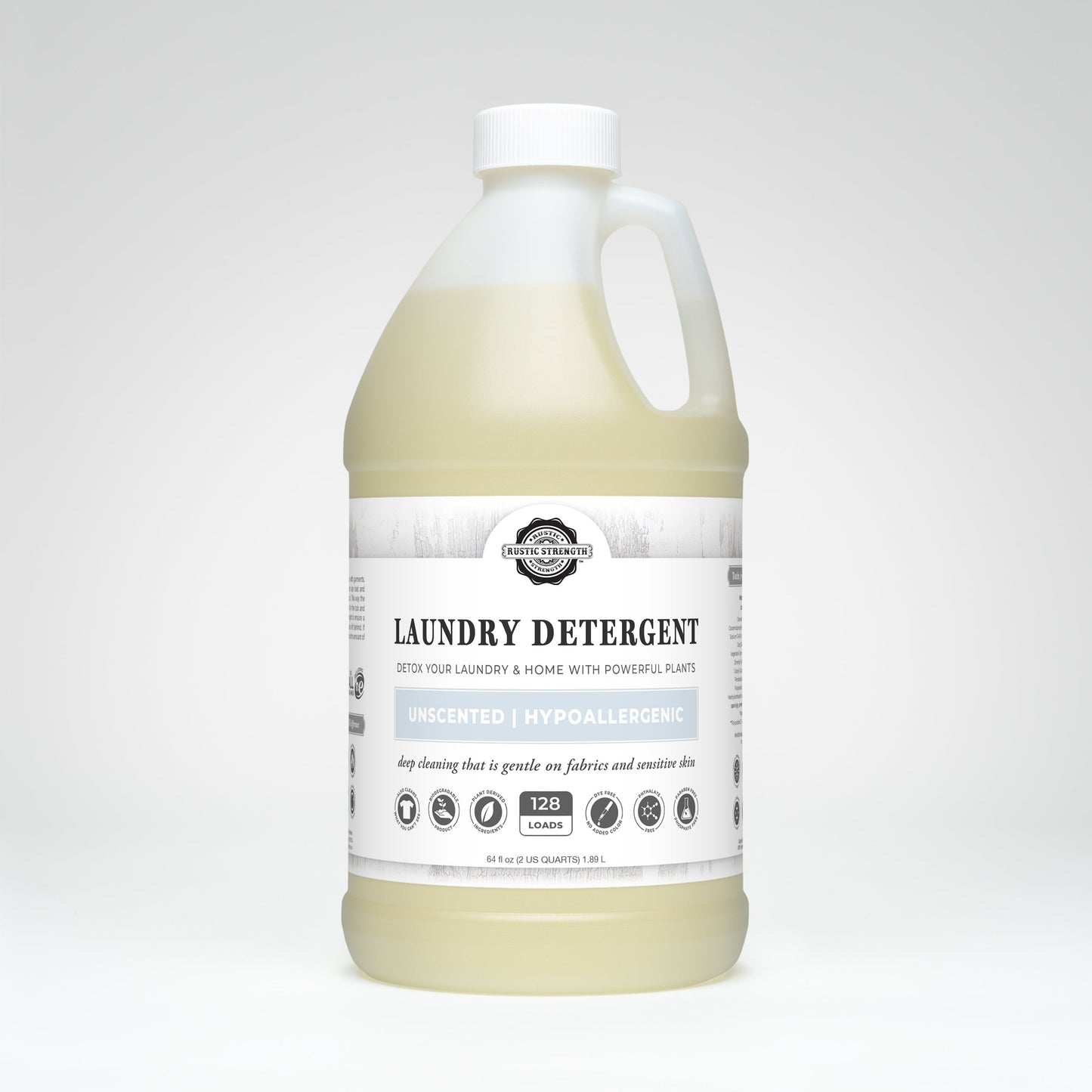 Rustic Strength unscented laundry detergent in a 24 oz glass bottle, ideal for gentle, fragrance-free laundry cleaning.