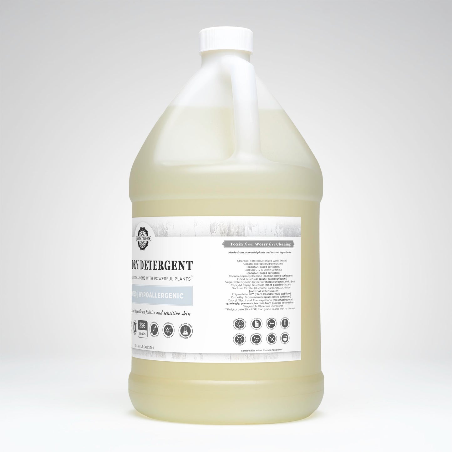 Rustic Strength unscented laundry detergent in a 24 oz glass bottle, suitable for gentle and effective laundry cleaning.