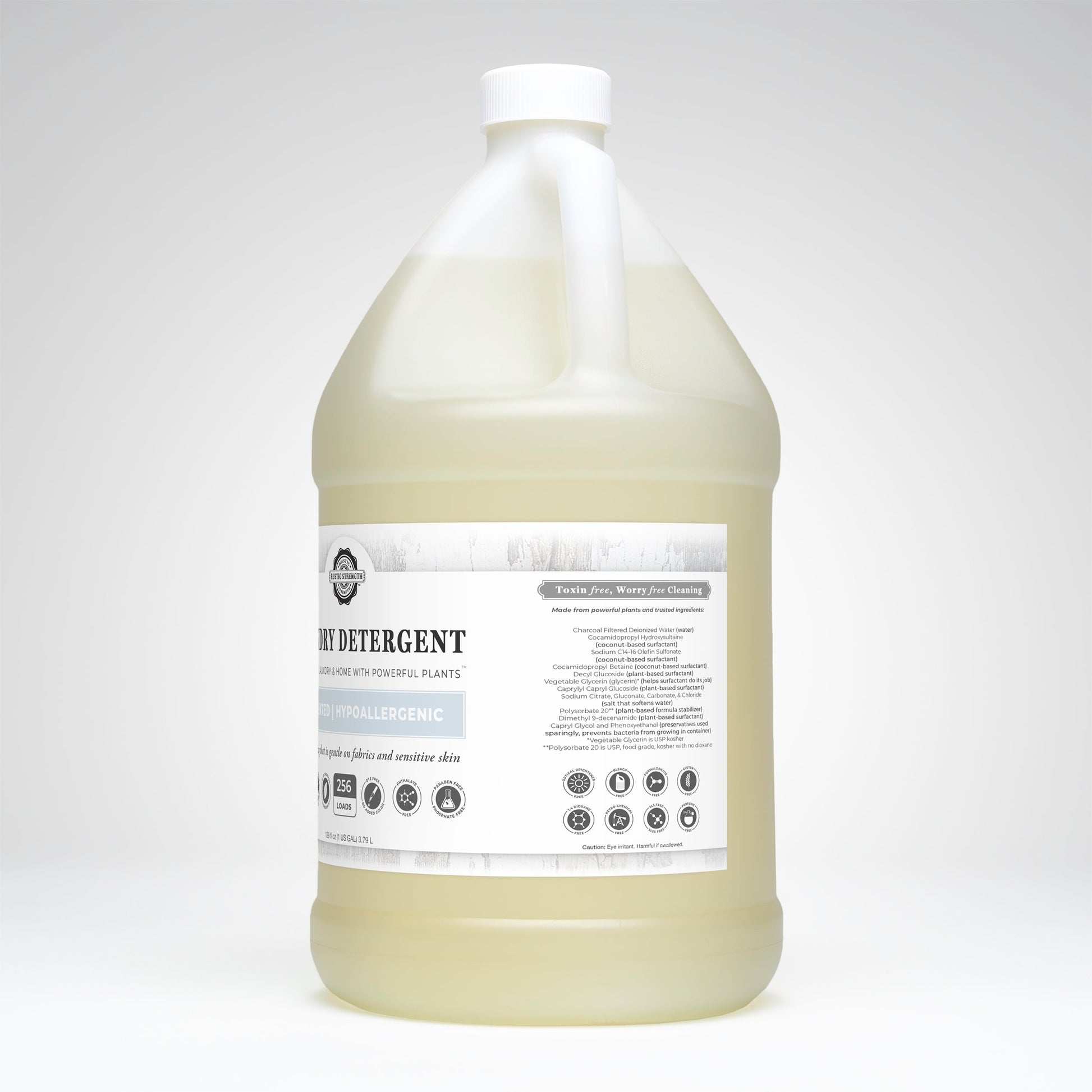 Rustic Strength unscented laundry detergent in a 24 oz glass bottle, suitable for gentle and effective laundry cleaning.