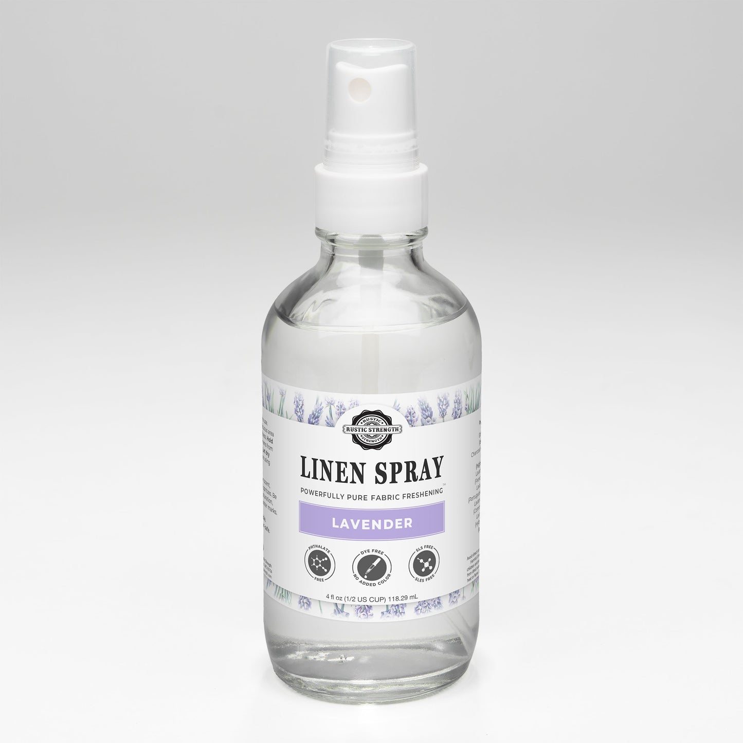 Rustic Strength Lavender Linen Spray bottle with a clear spray nozzle, featuring a rustic label and lavender scent.