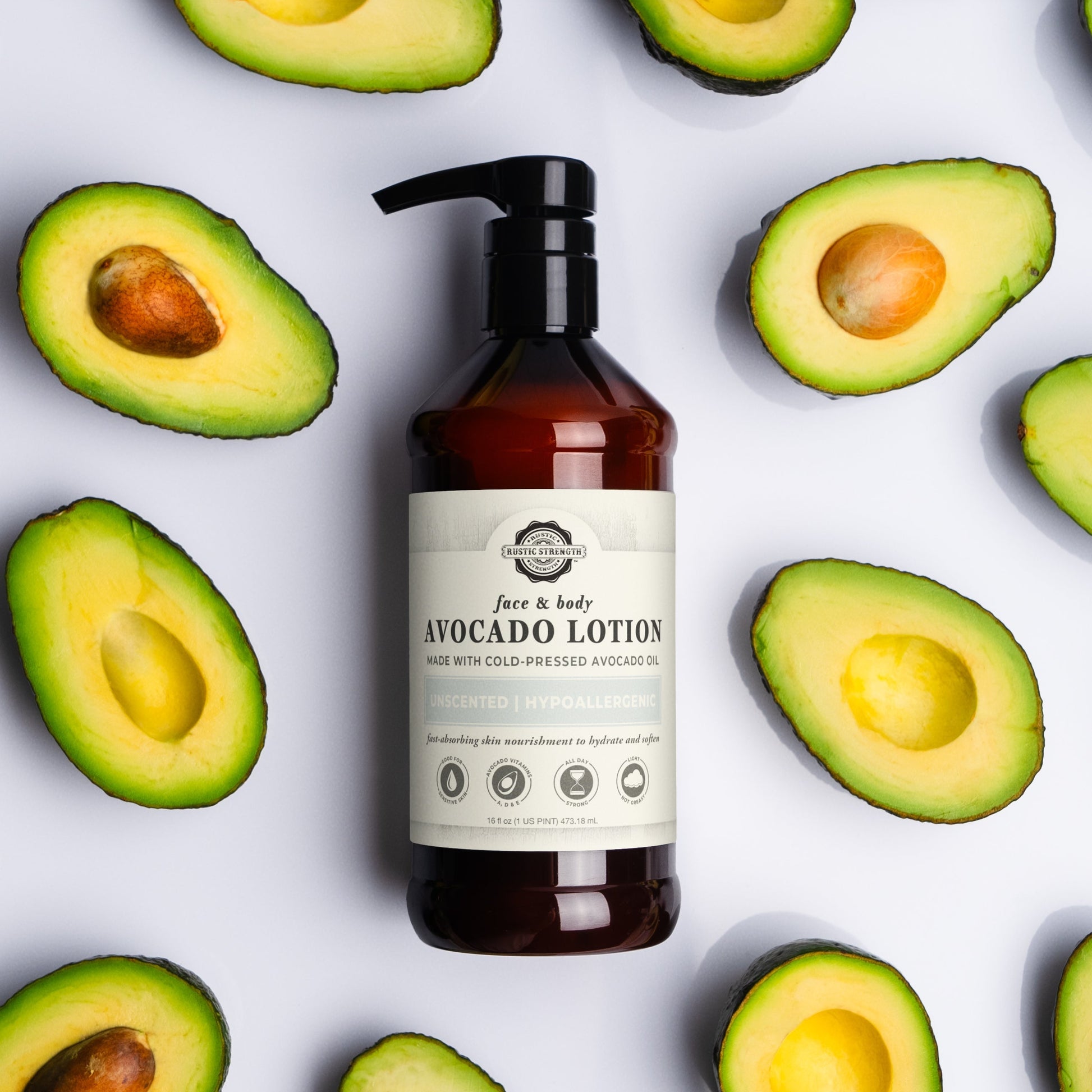 Rustic Strength Avocado Lotion with lavender and tea tree, 16 oz bottle, moisturizing skincare with natural ingredients.
