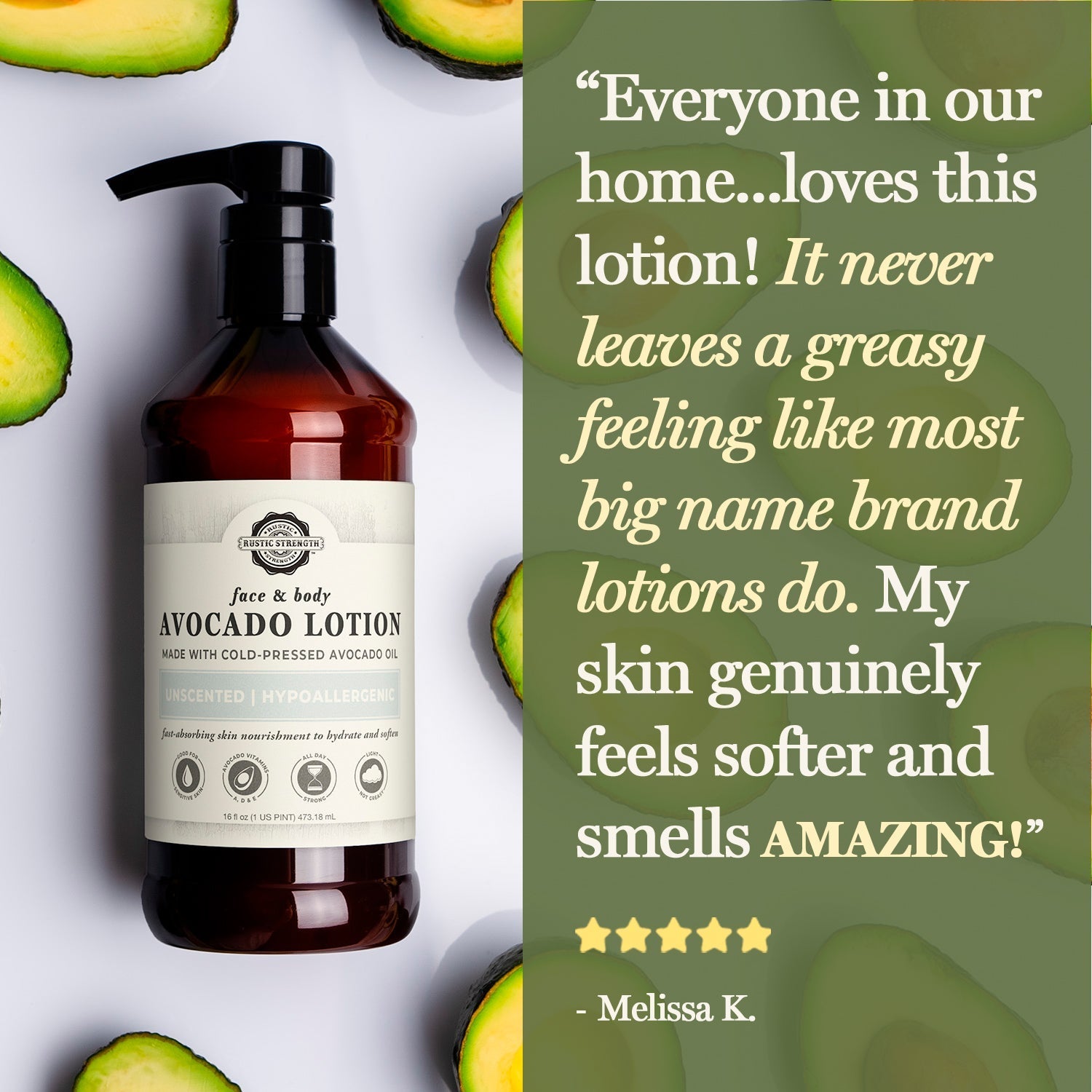 Rustic Strength Avocado Lotion in a 16 oz bottle, safe for Mama and Baby, with creamy texture and natural avocado ingredients.