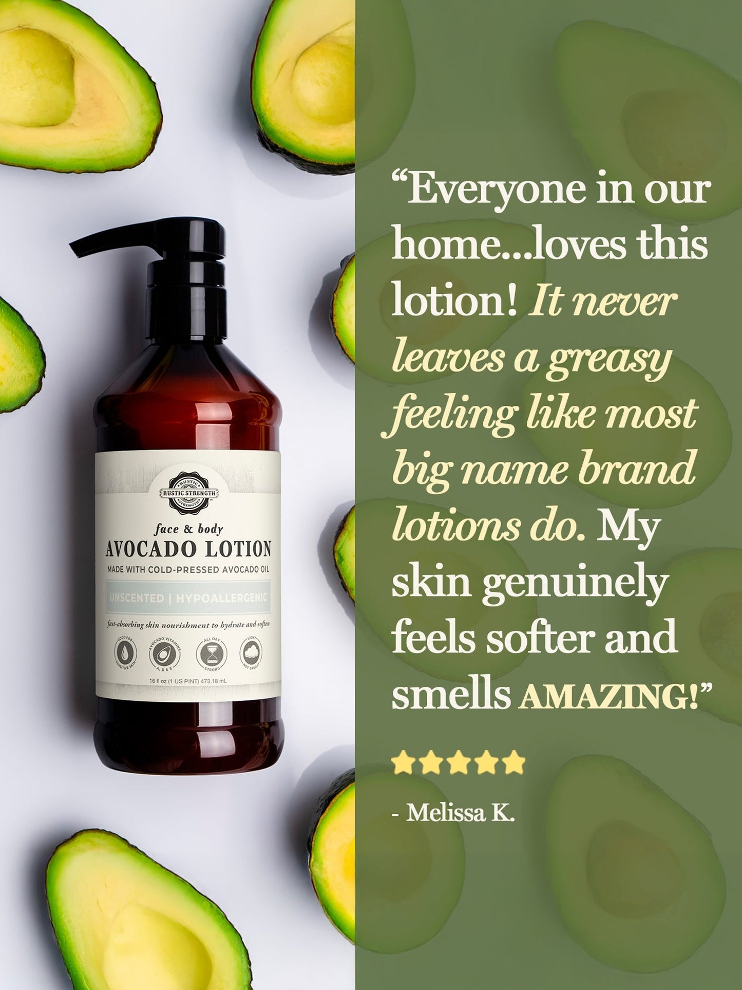 Rustic Strength Avocado Lotion with Milk & Honey, 16 oz bottle, creamy moisturizer for skin hydration and nourishment.