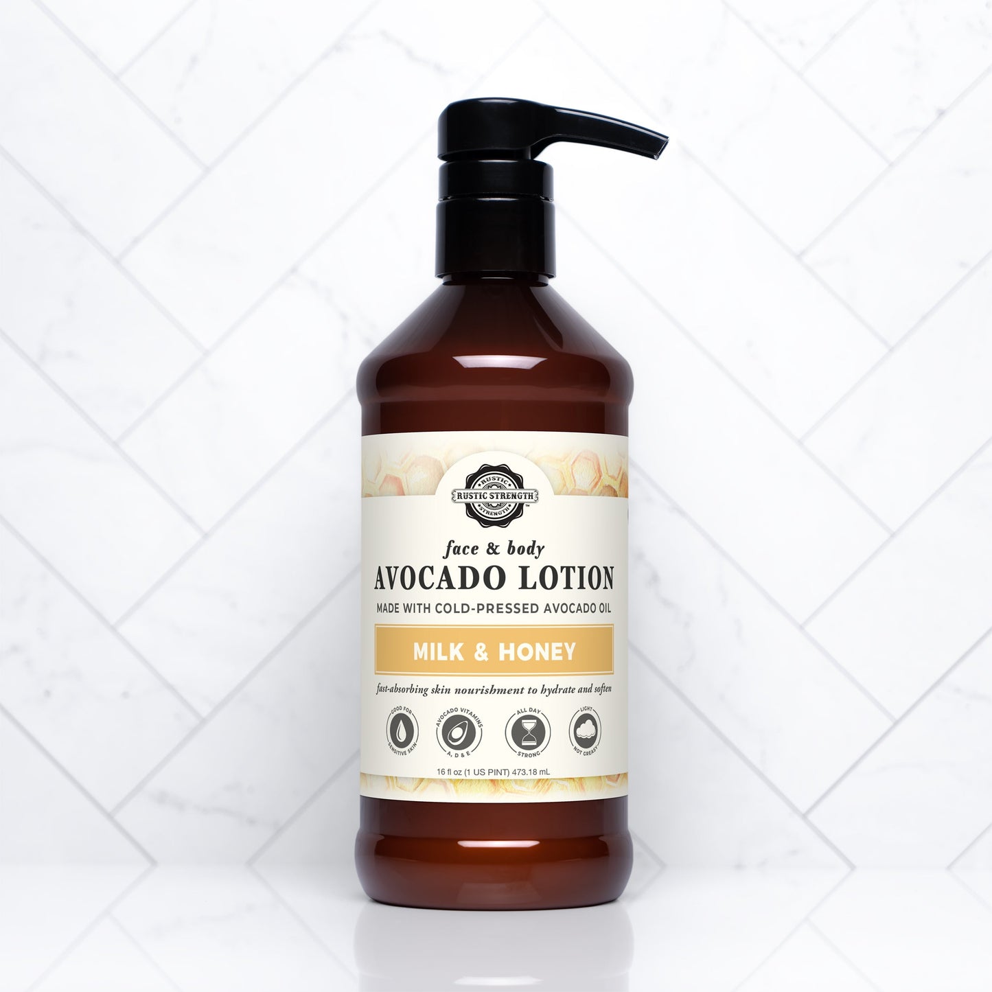 Rustic Strength Avocado Lotion with Milk & Honey, 16 oz, creamy moisturizer in a pump bottle with a natural ingredient label