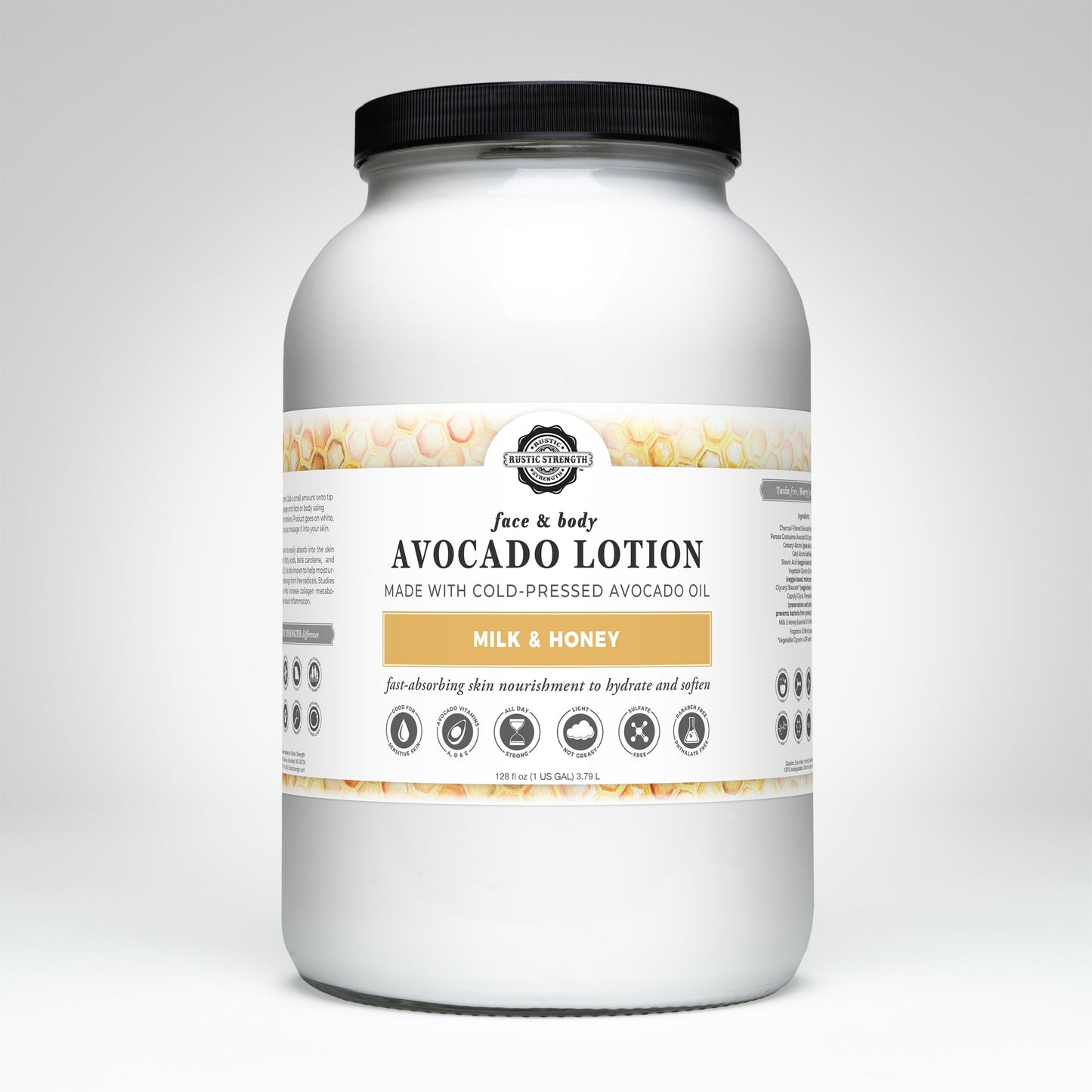 Rustic Strength Avocado Lotion with Milk & Honey, 16 oz bottle, creamy moisturizer for soft, nourished skin.