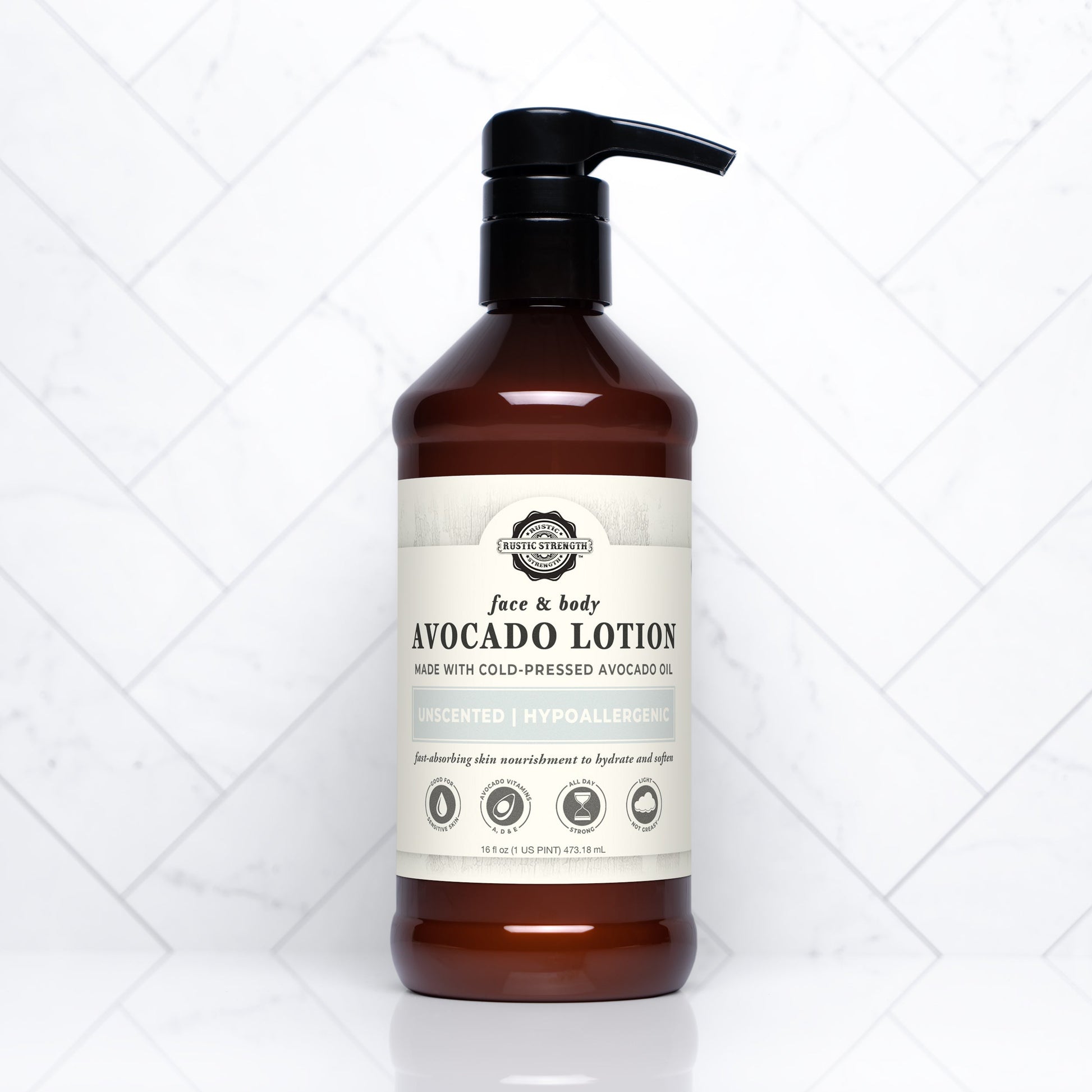 Rustic Strength Unscented Avocado Lotion in a 16 oz bottle, showing the creamy, nourishing lotion with a pump dispenser.
