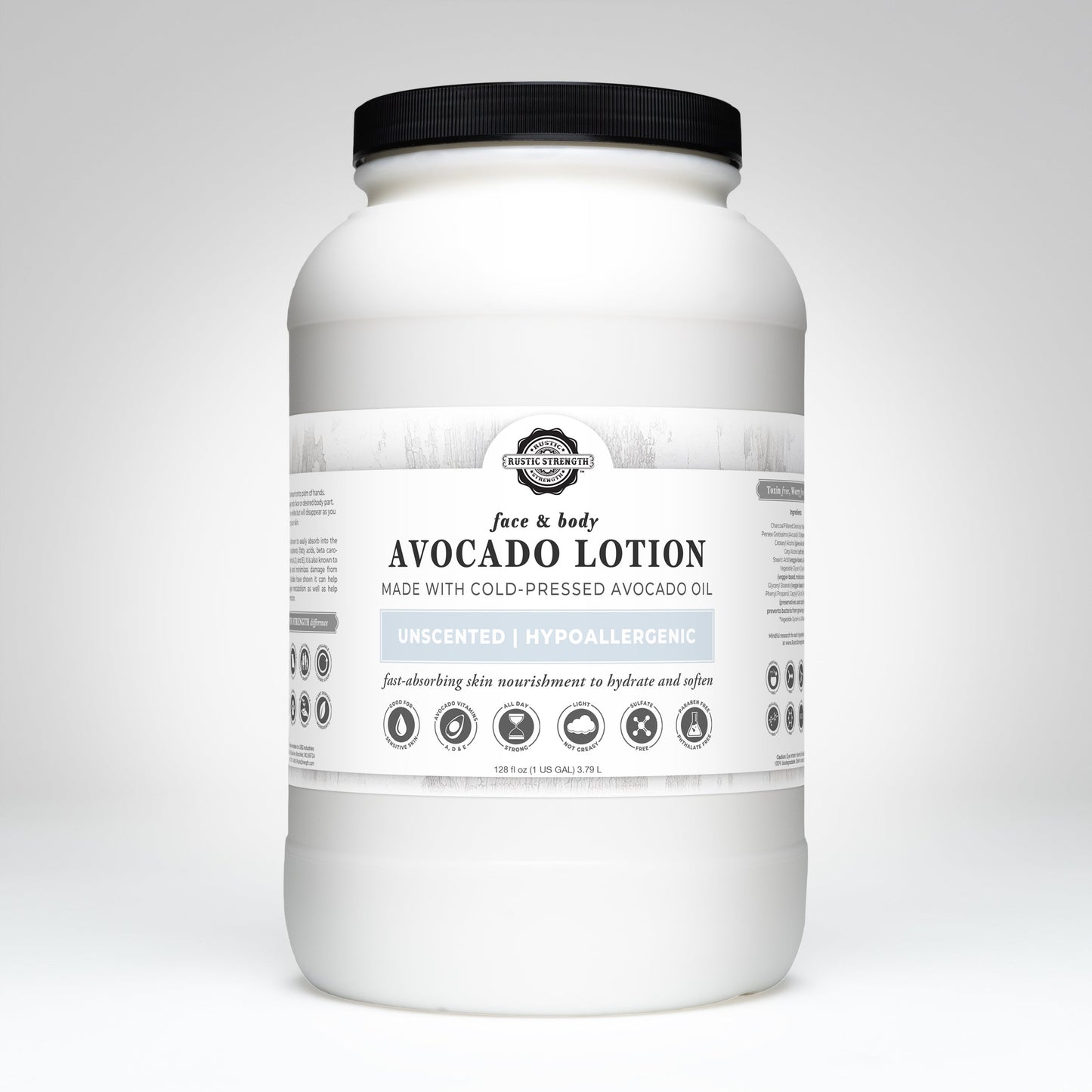 Rustic Strength Unscented Avocado Lotion bottle with a green label and white cap, showcasing a smooth, creamy lotion inside.
