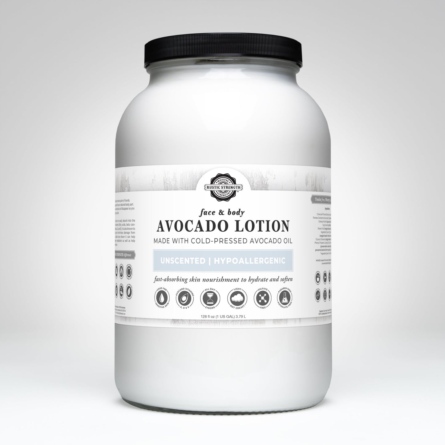 Rustic Strength Unscented Avocado Lotion in a 16 oz bottle, showing the creamy, natural lotion with a pump dispenser