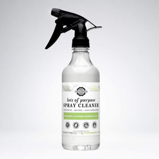 Rustic Strength Lots of Purpose Spray Cleaner with bergamot and cypress scent in a 16 oz plastic bottle, versatile multi-purpose cleaner