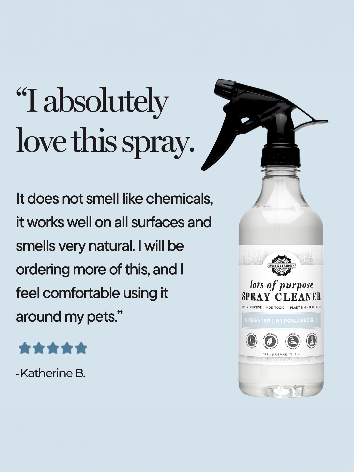 Rustic Strength 16 oz. multi-purpose spray cleaner with bergamot and cypress scent, ideal for cleaning various surfaces.