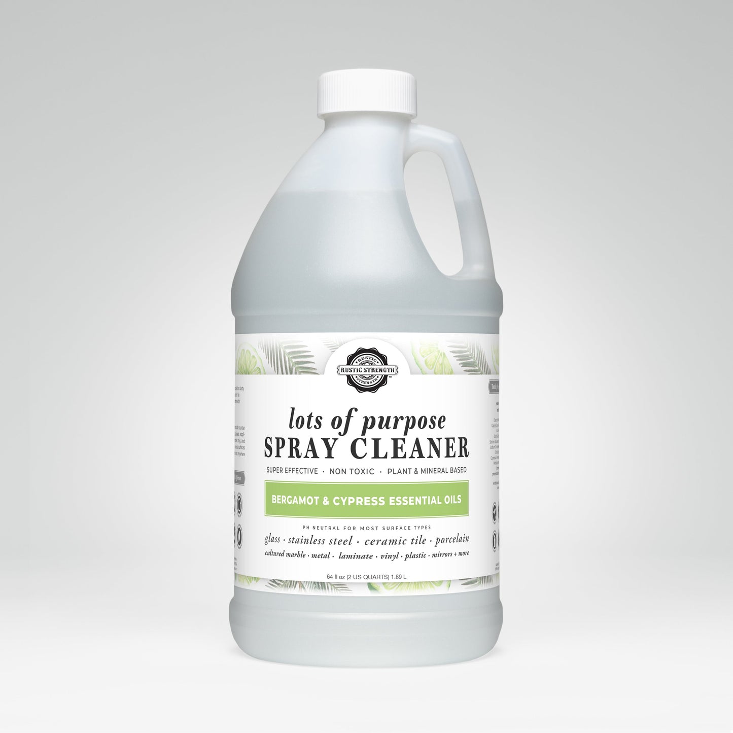 Rustic Strength Lots of Purpose Spray Cleaner with bergamot and cypress scent in a 16 oz bottle, versatile multi-purpose cleaning product.