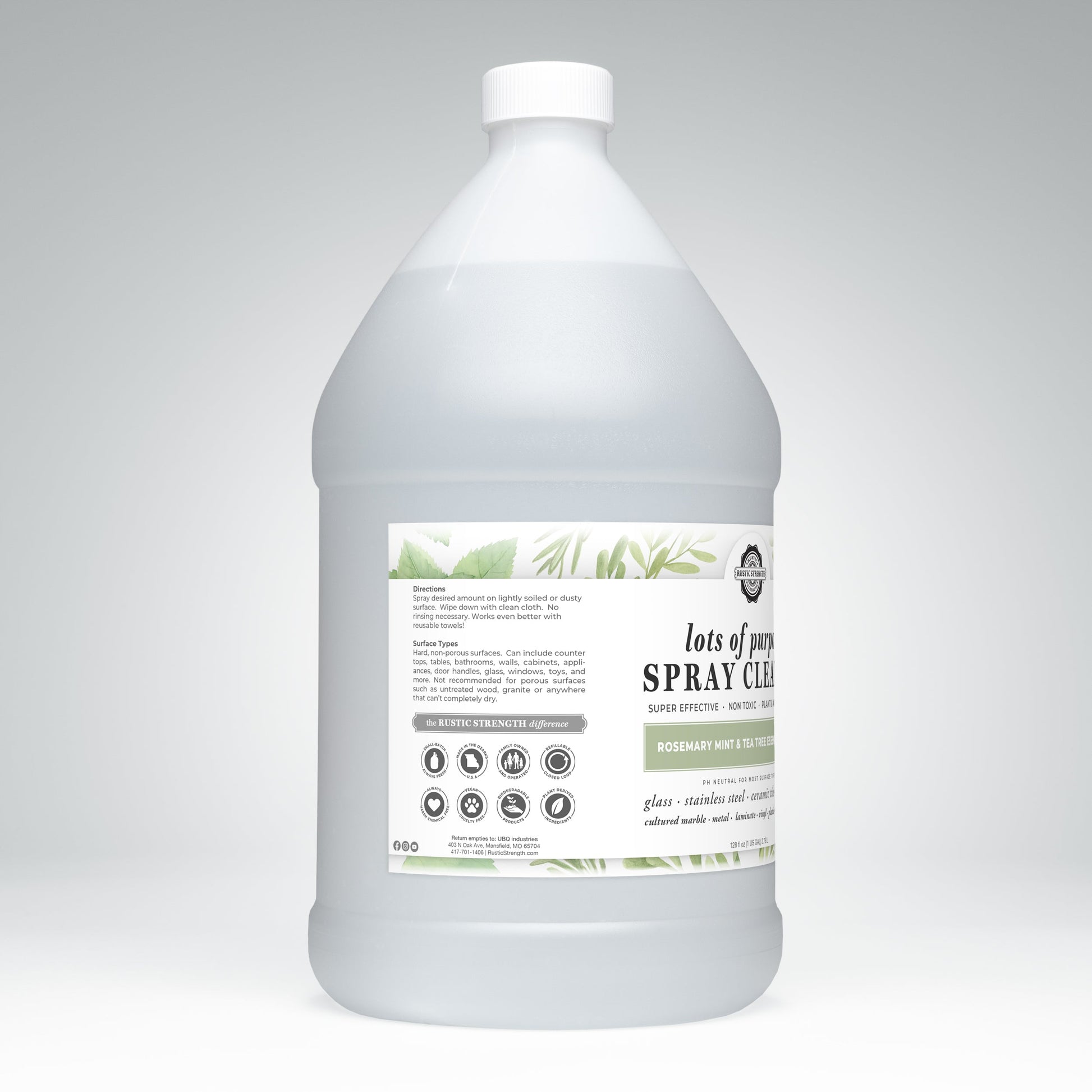 Rustic Strength multi-purpose spray cleaner in 16 oz bottle with rosemary, mint, and tea tree scent, versatile for various cleaning tasks.