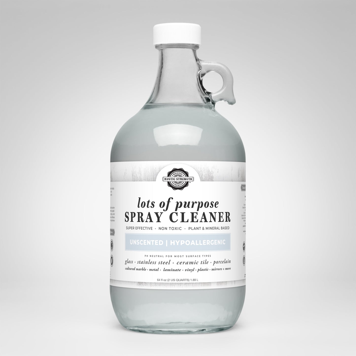 Rustic Strength Lots of Purpose Spray Cleaner in 16 oz bottle, unscented multi-purpose cleaner for household surfaces.