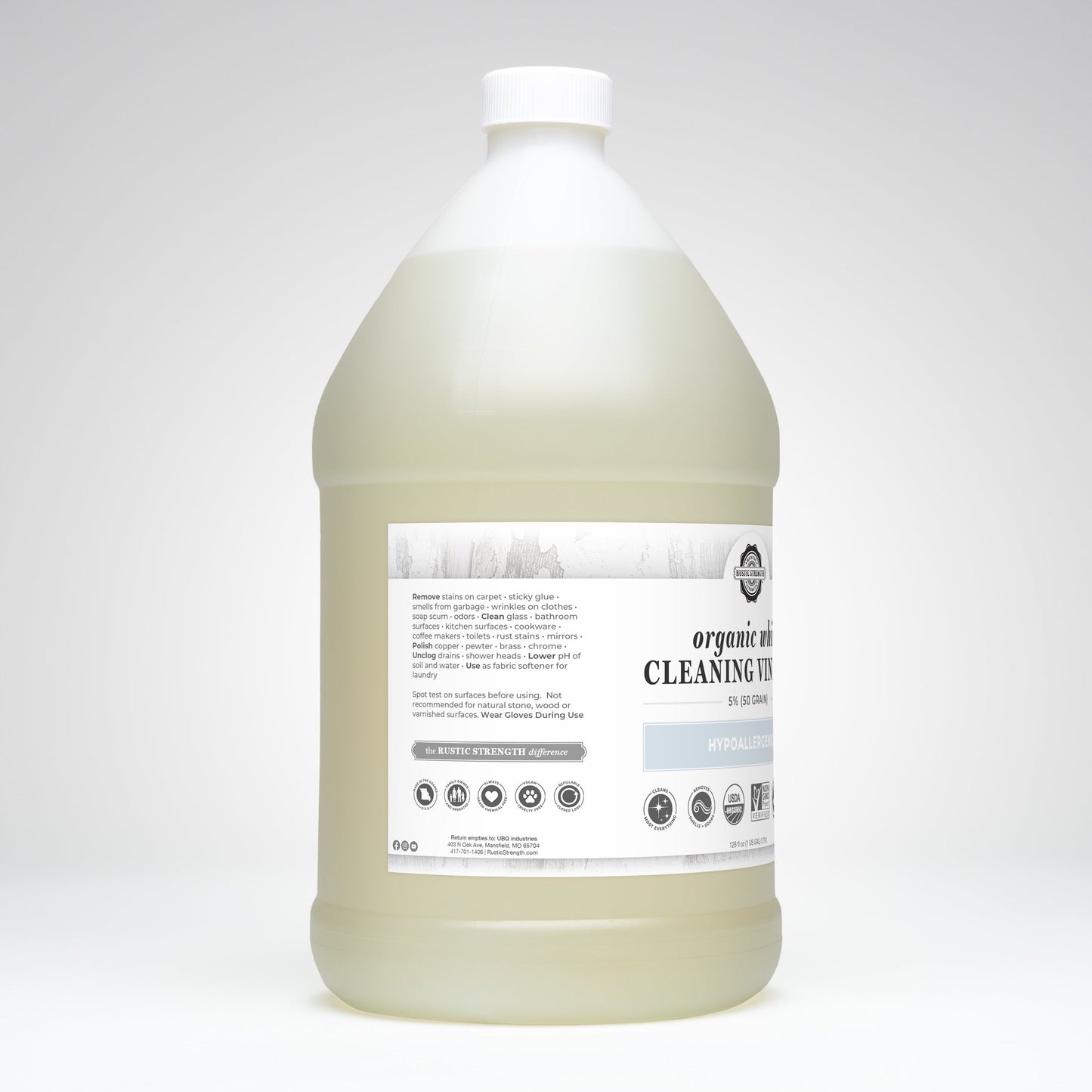 Rustic Strength Organic White Cleaning Vinegar 16 oz spray bottle, multi-purpose cleaner, 5% acidity, 50 grain for household use
