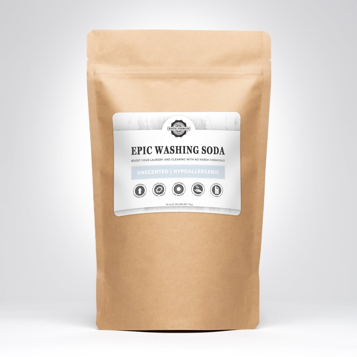 Rustic Strength Epic Washing Soda multi-purpose cleaner in a 2 lb container, ready for household cleaning tasks.