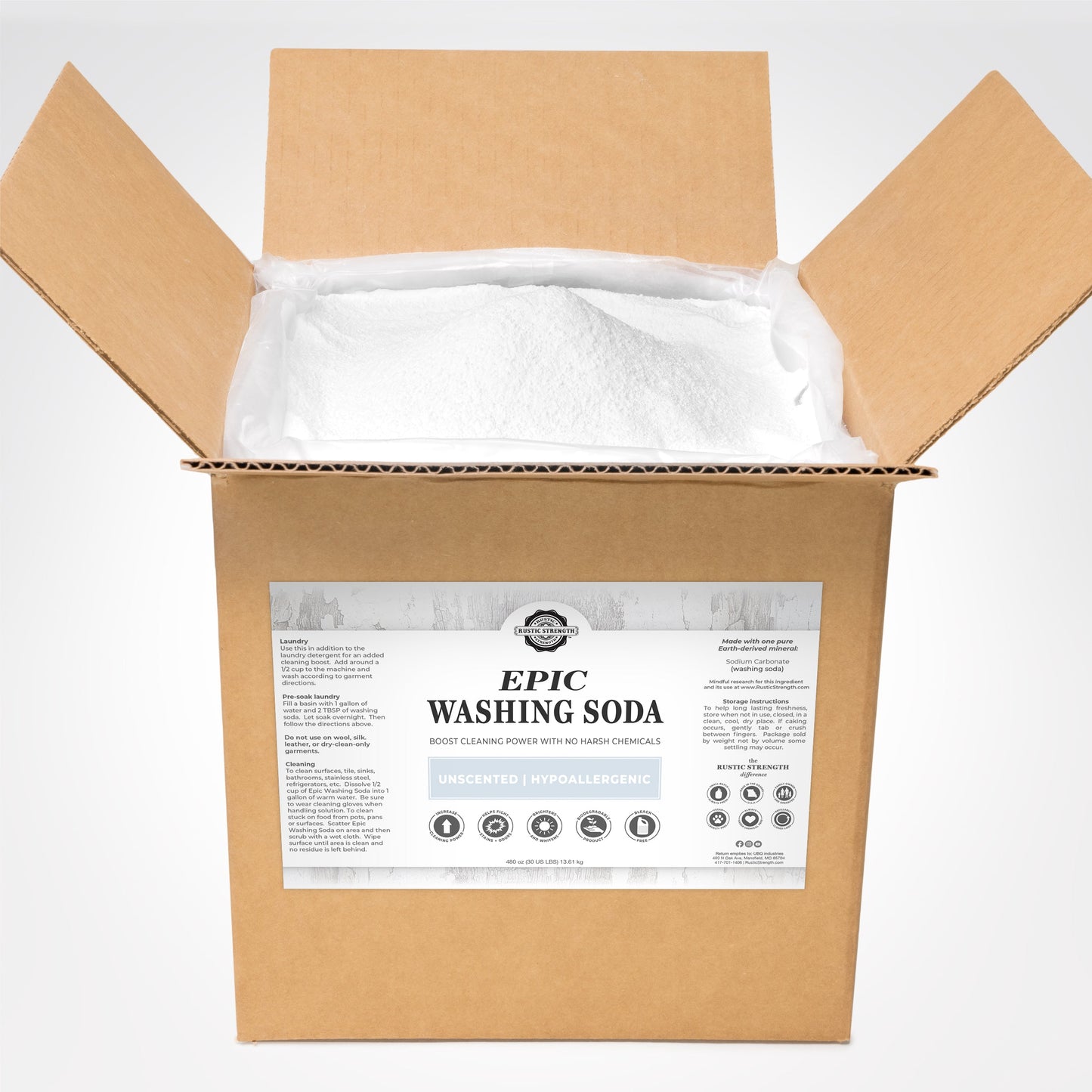 Rustic Strength Epic Washing Soda multi-purpose cleaner in a 2 lb bag, suitable for household cleaning and stain removal.