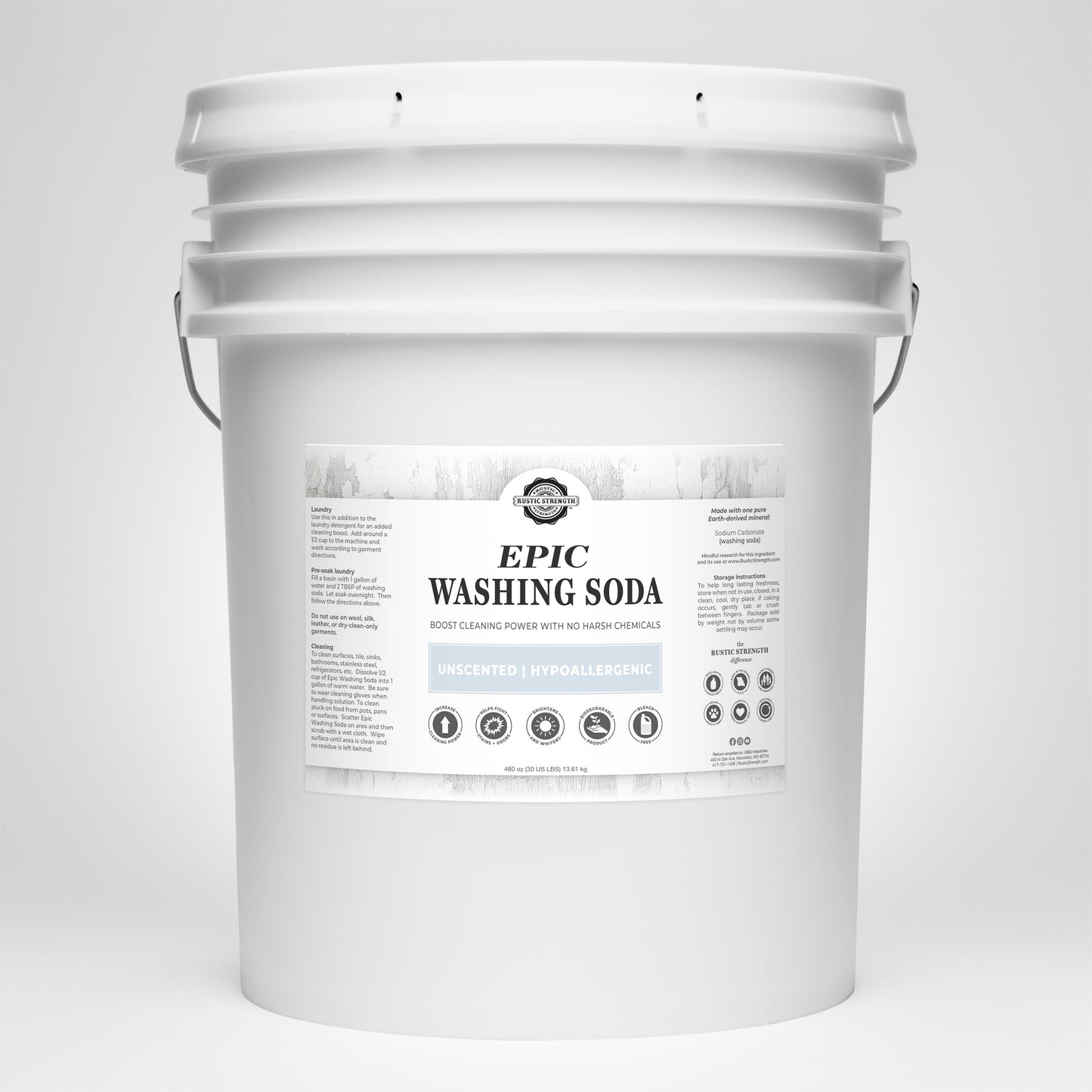 Rustic Strength Epic Washing Soda, 2 lb multi-purpose cleaner in a clear plastic container with a white lid.