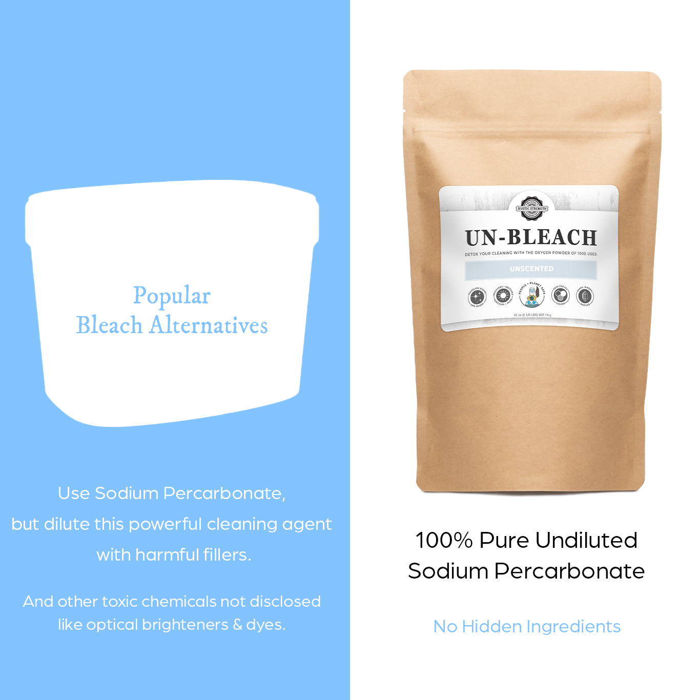 Rustic Strength Un-Bleach multi-purpose cleaner in a 2 lb container, with a white liquid cleaner visible in the image.