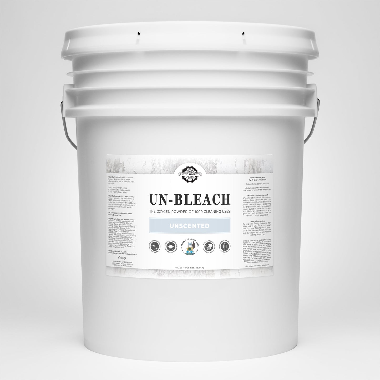 Rustic Strength Un-Bleach multi-purpose cleaner in a 2 lb container, suitable for cleaning various surfaces effectively.