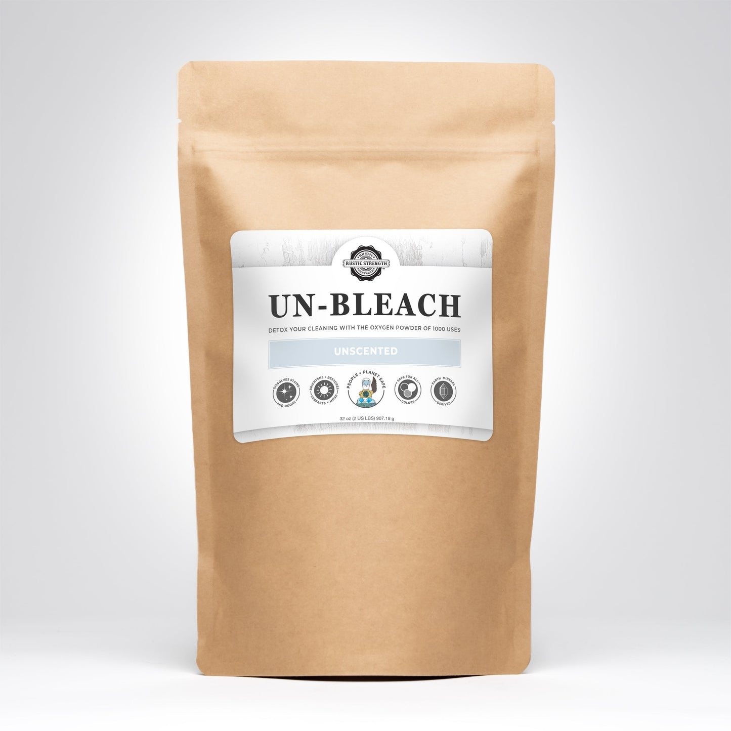 Rustic Strength Un-Bleach multi-purpose cleaner in a 2 lb container, ideal for cleaning and disinfecting various surfaces.