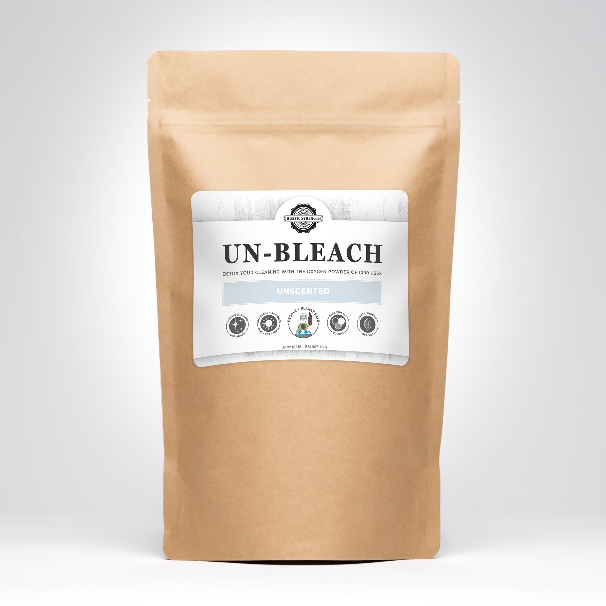 Rustic Strength Un-Bleach multi-purpose cleaner in a 2 lb container, ideal for cleaning and disinfecting various surfaces.