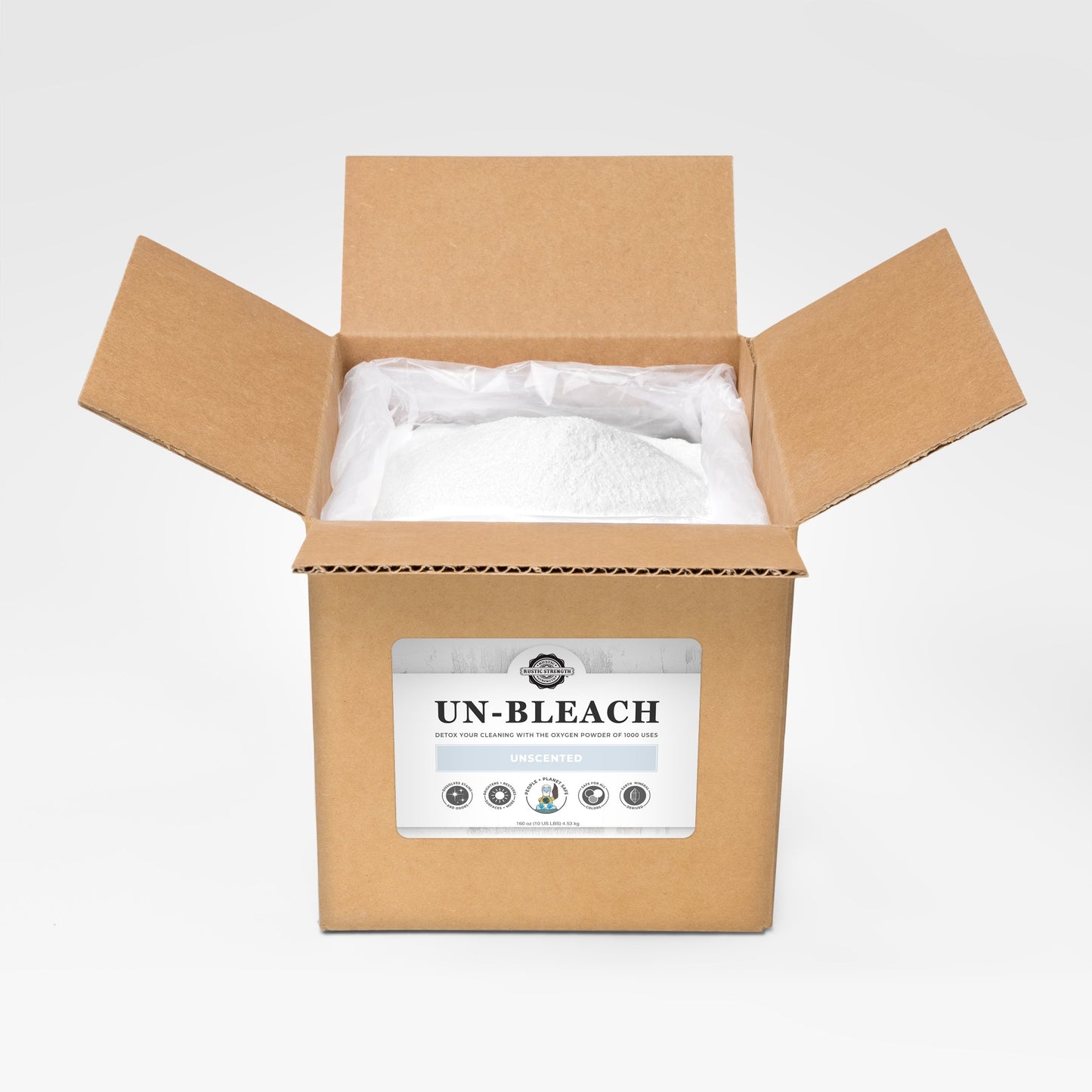 Rustic Strength Un-Bleach multi-purpose cleaner in a 2 lb container, ideal for versatile cleaning tasks around the home.