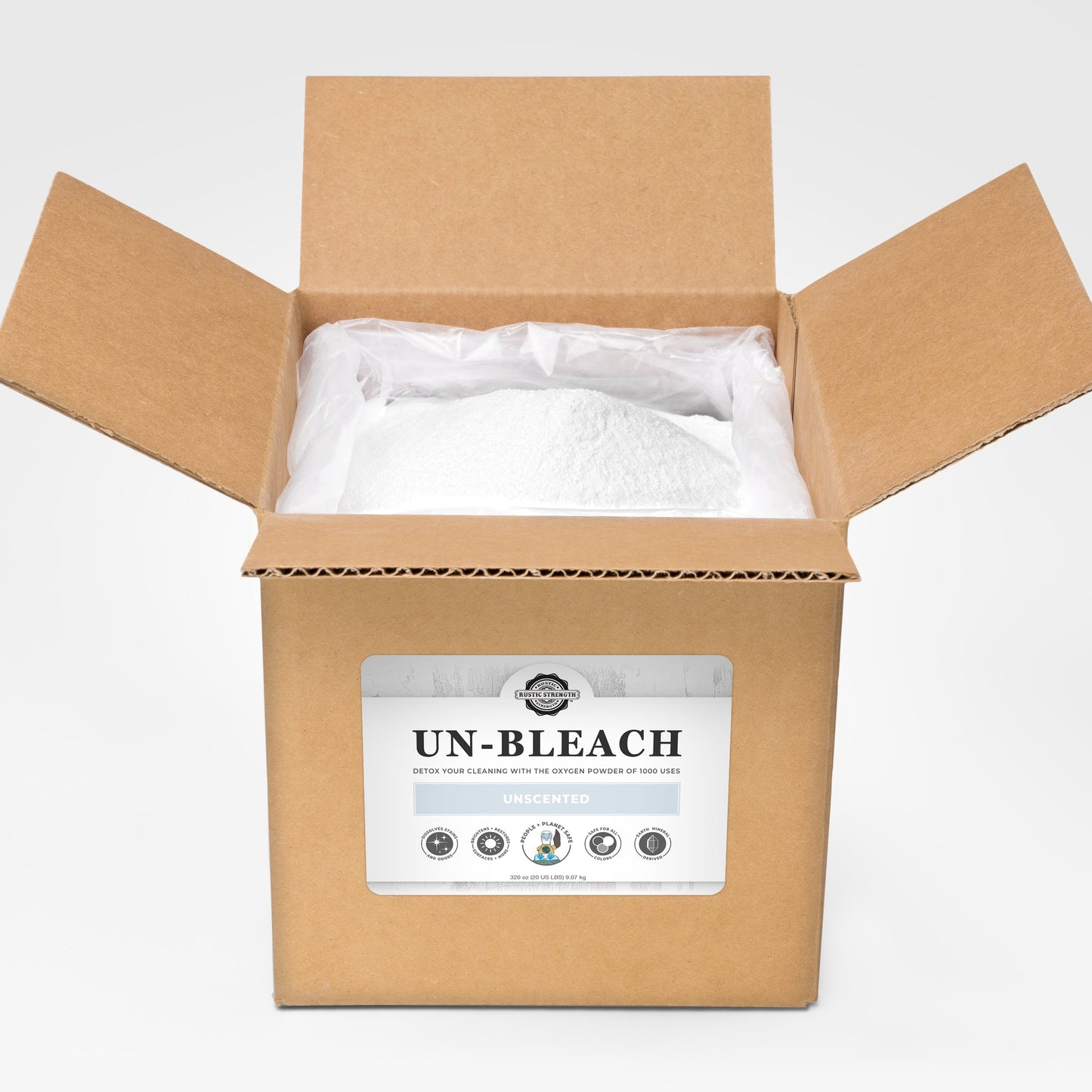 Rustic Strength Un-Bleach multi-purpose cleaner in a 2 lb container, suitable for cleaning various surfaces.