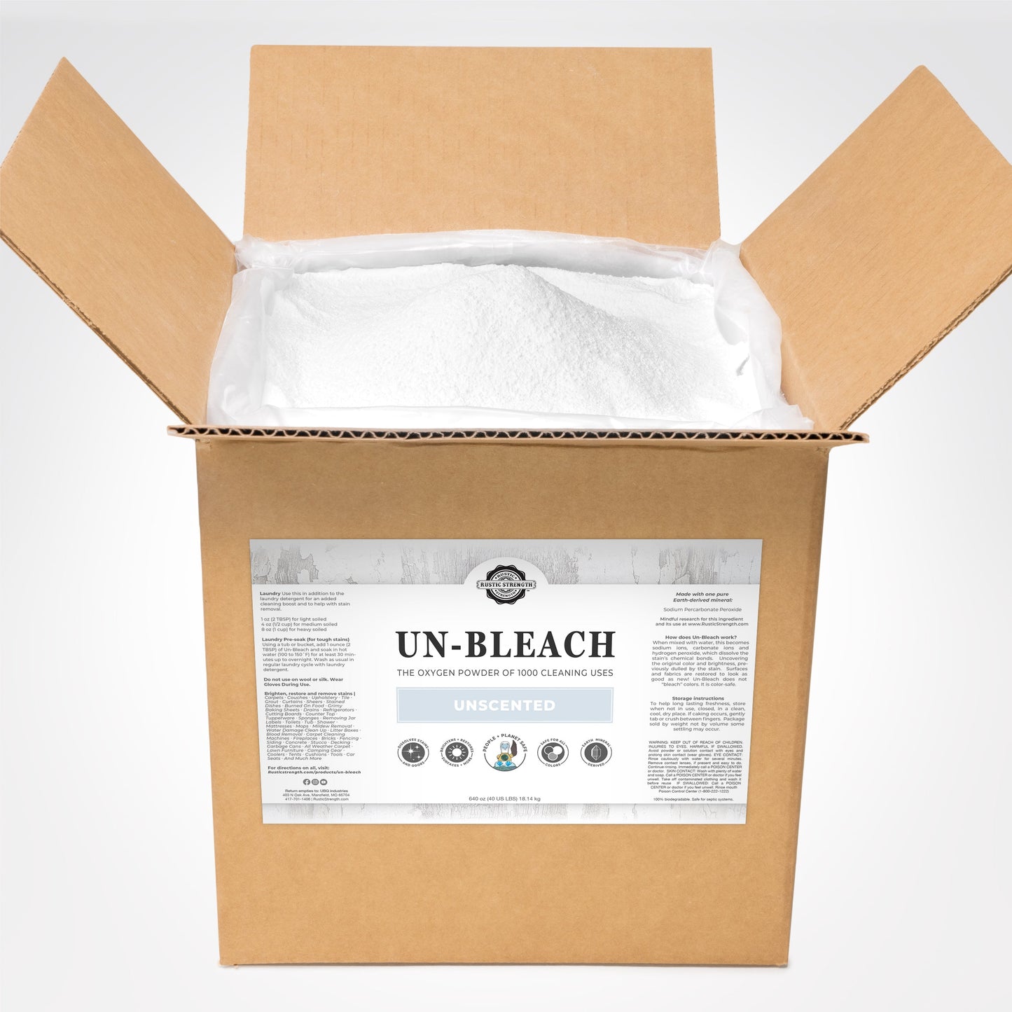 Rustic Strength Un-Bleach multi-purpose cleaner in a 2 lb container, ideal for cleaning various surfaces.