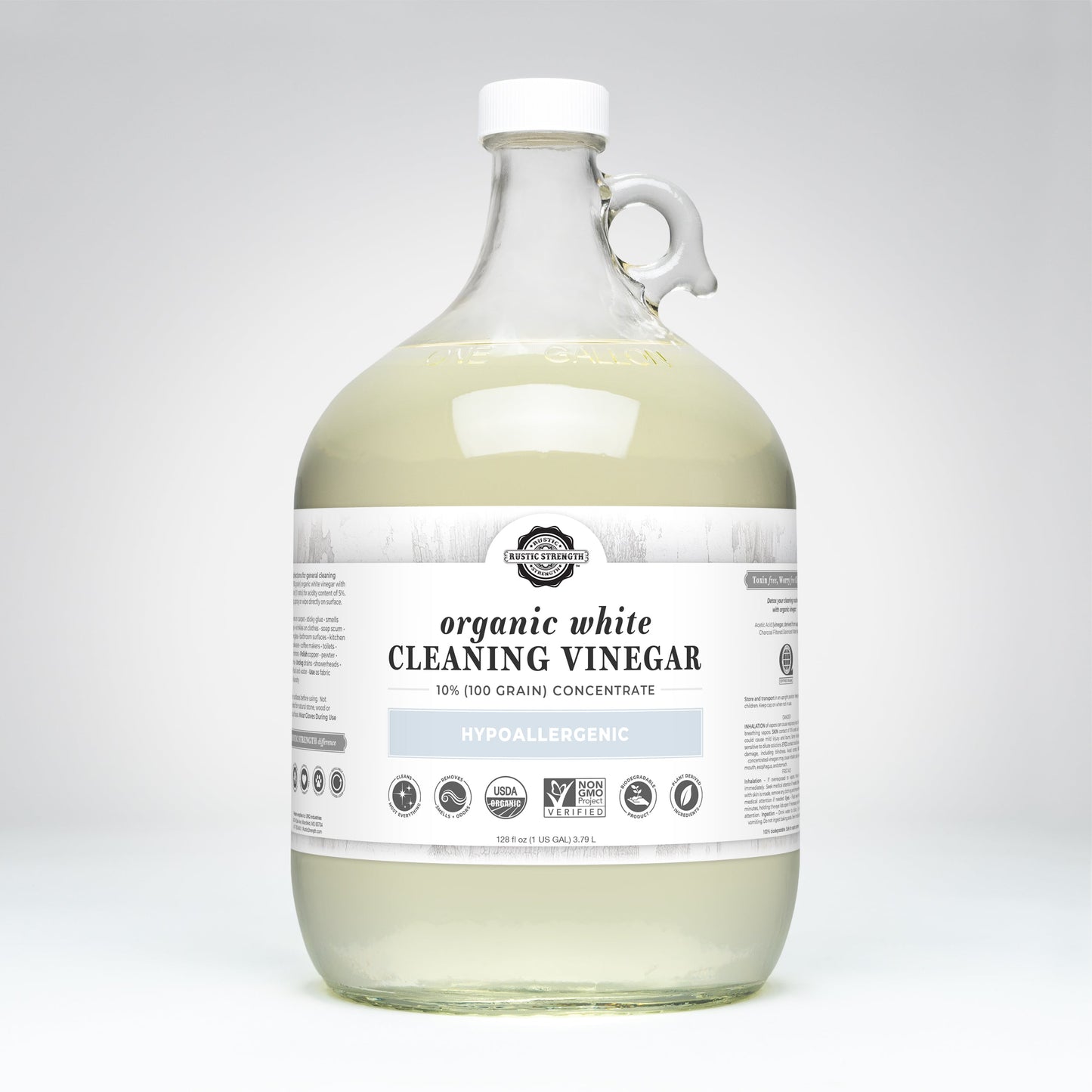 Rustic Strength Organic White Cleaning Vinegar Concentrate, 10%, multi-purpose cleaner in half-gallon bottle