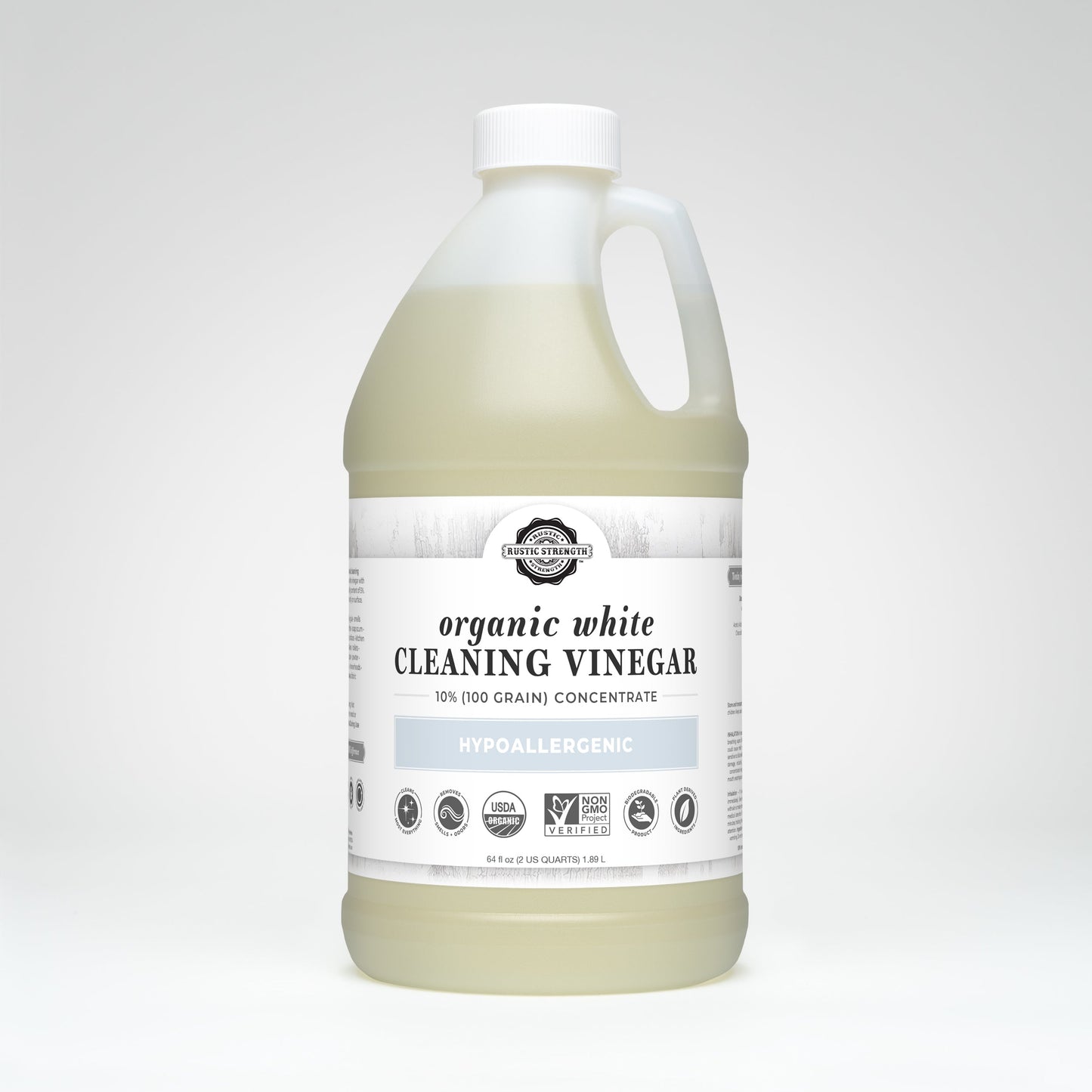 Rustic Strength Organic White Cleaning Vinegar Concentrate, 10% for multi-purpose cleaning, shown in half-gallon bottle.