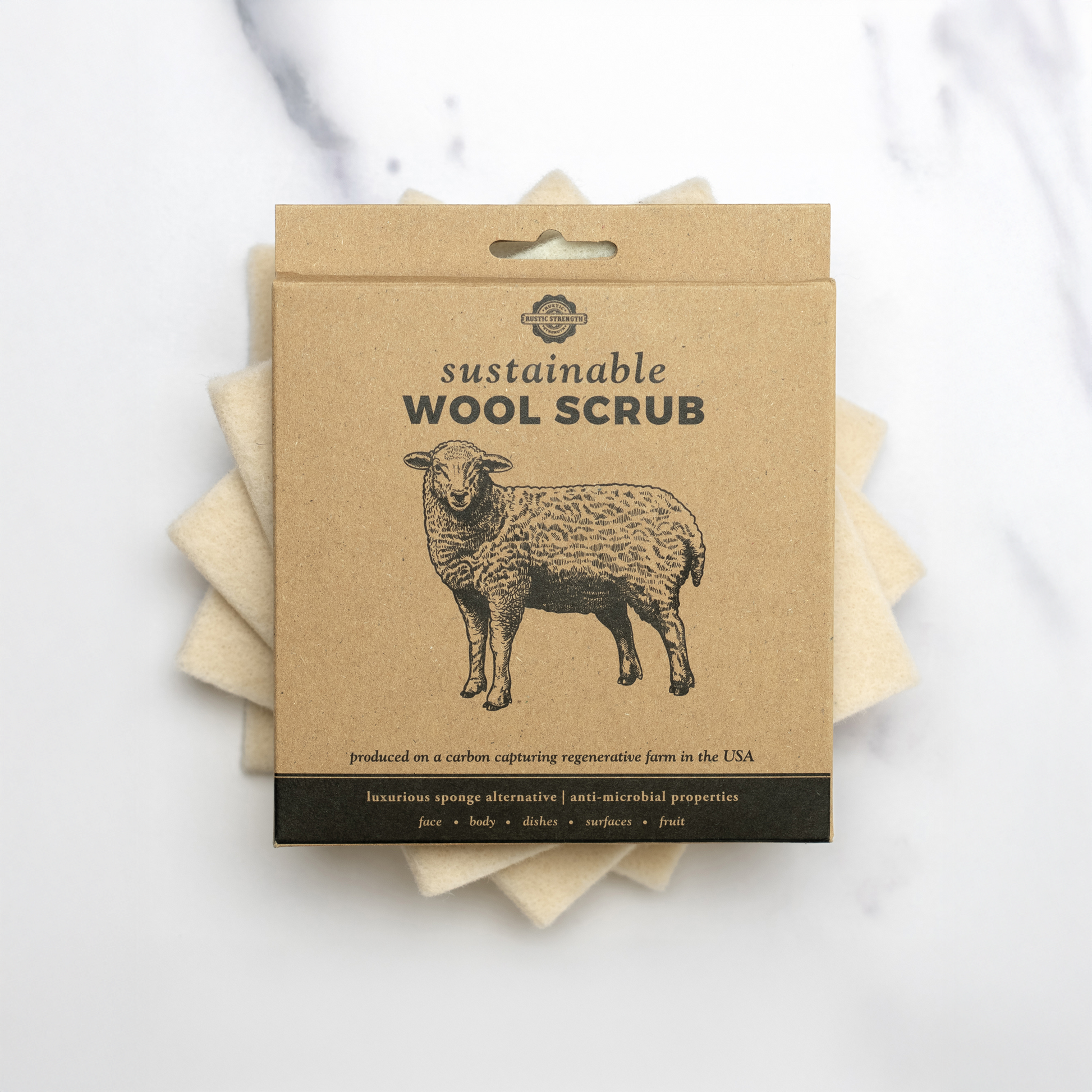 Rustic Strength sustainable wool scrub for multi-purpose cleaning, showing a single wool scrub used on various surfaces.