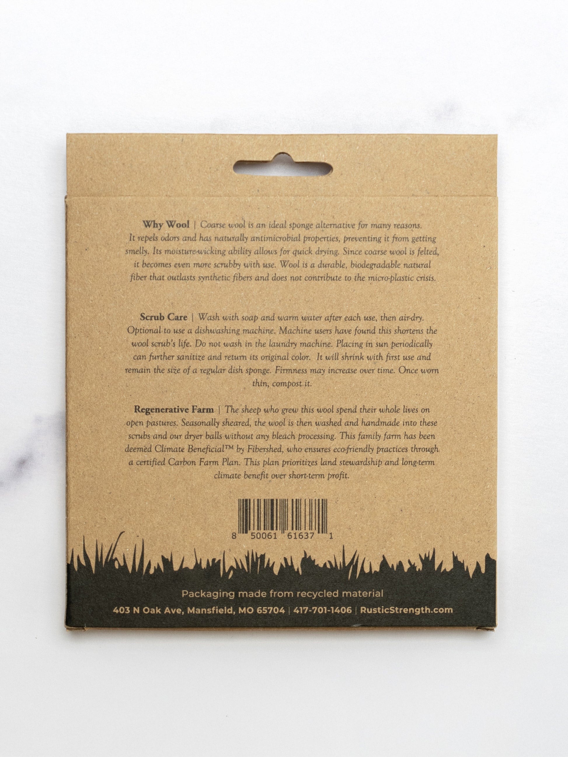 Rustic Strength sustainable wool scrub for multi-purpose cleaning, shown as a natural, eco-friendly cleaning tool with wool fibers.