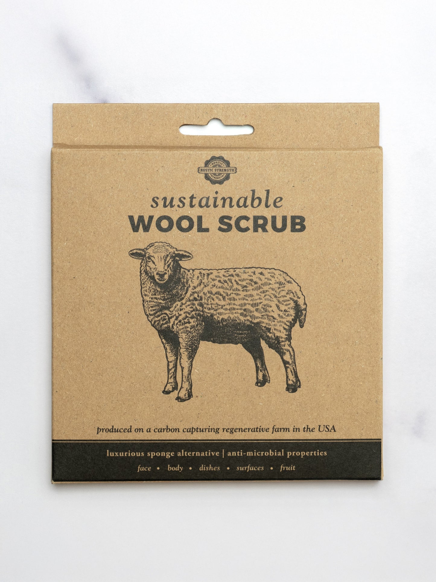 Rustic Strength Sustainable Wool Scrub for multi-purpose cleaning, showing a close-up of the eco-friendly wool scrubbrush.