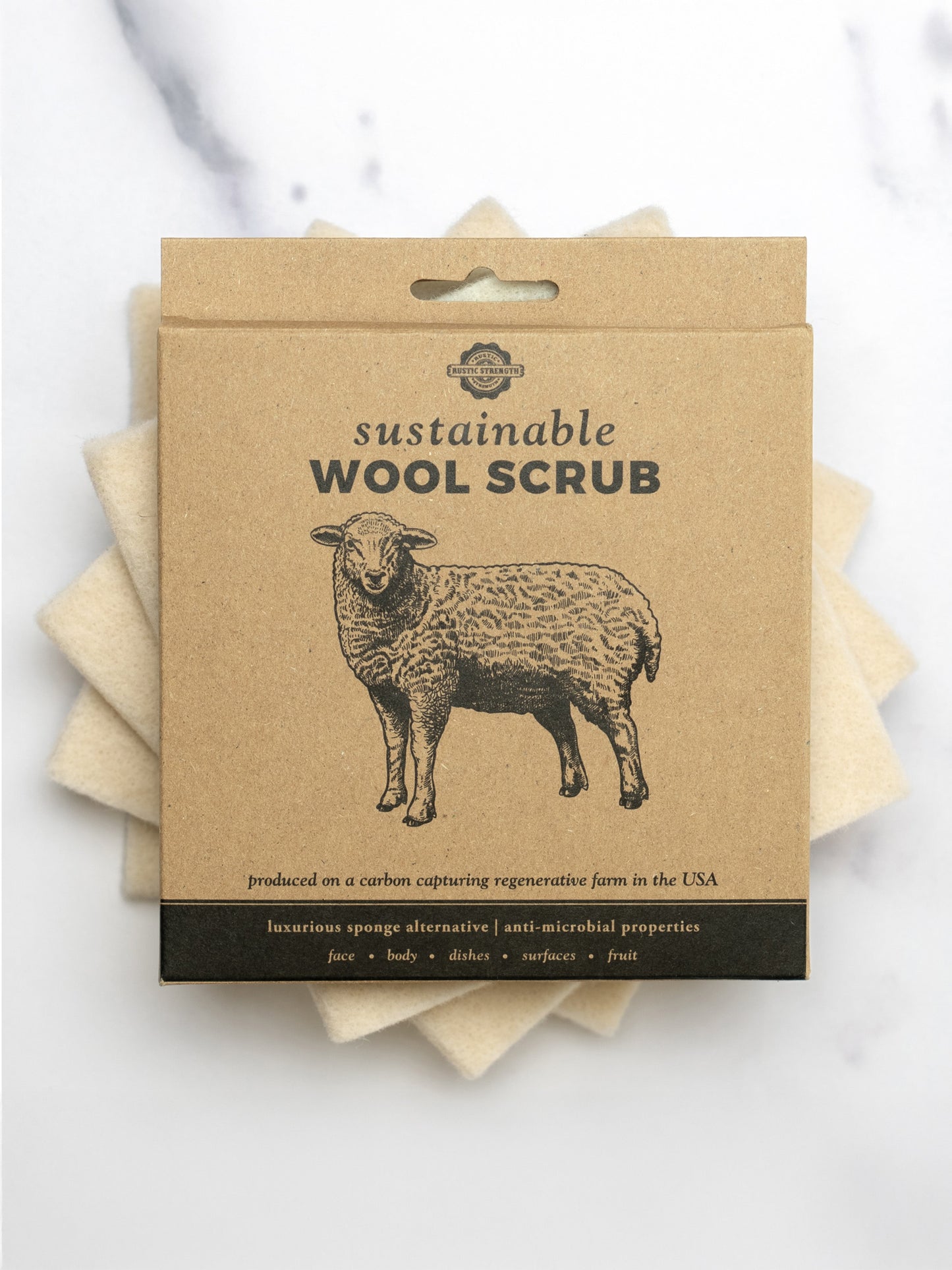 Rustic Strength sustainable wool scrub, a multi-purpose cleaner with natural wool fibers for effective cleaning and eco-friendly use.