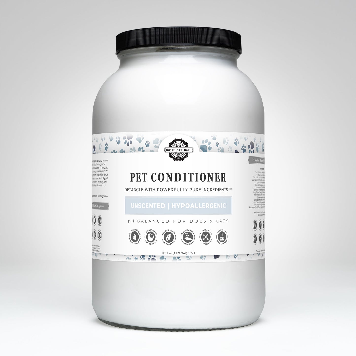Rustic Strength Pet Conditioner in 16 oz bottle, detangling and softening pet care product, unscented for gentle grooming.