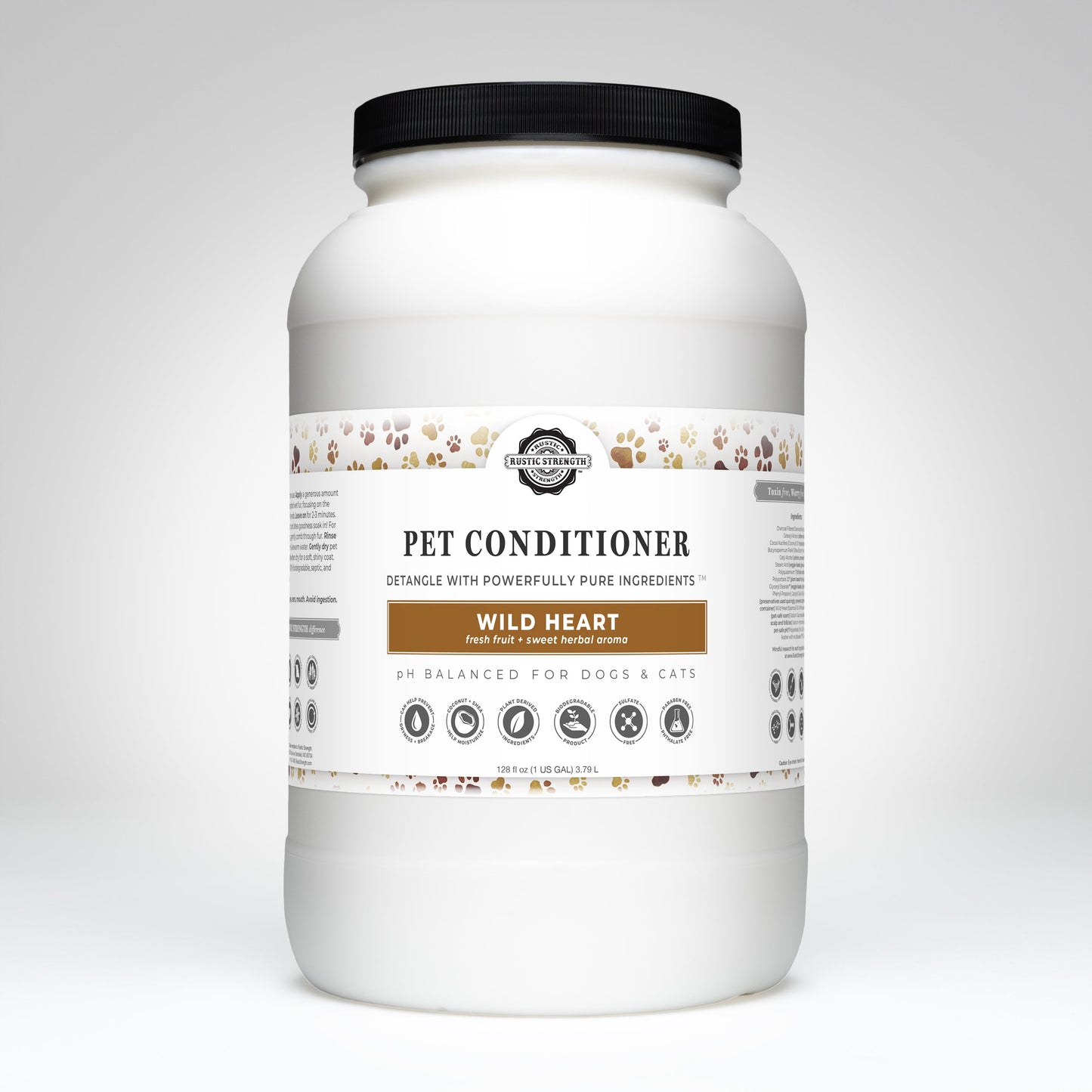 Rustic Strength Wild Heart Pet Conditioner for detangling and softening pets, shown in a 16 oz bottle with a natural pet care design.