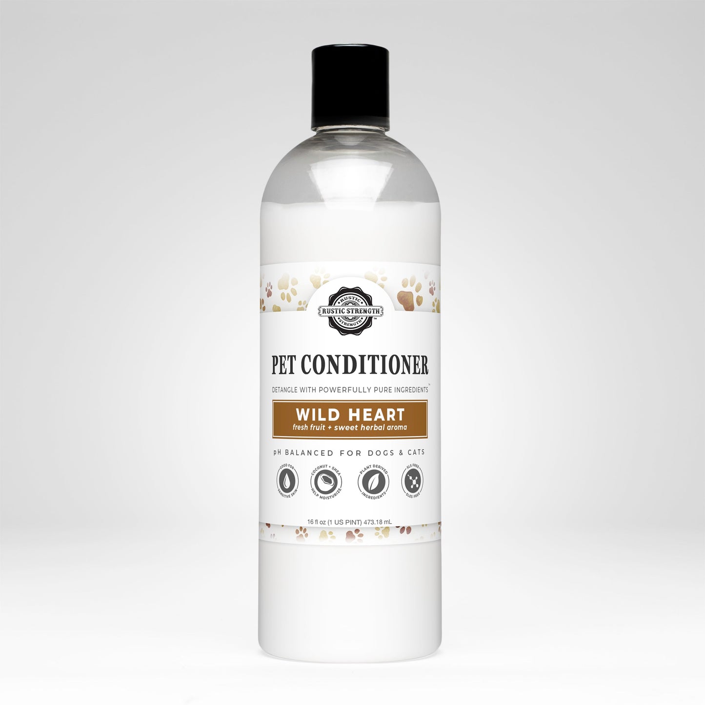 Rustic Strength Wild Heart Pet Conditioner for detangling and softening pets' fur, 16 oz bottle, pet care product.