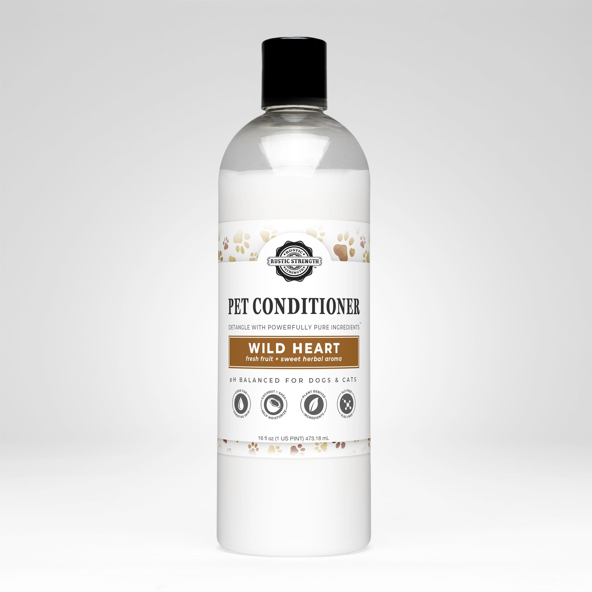 Rustic Strength Wild Heart Pet Conditioner for detangling and softening pets' fur, 16 oz bottle, pet care product.