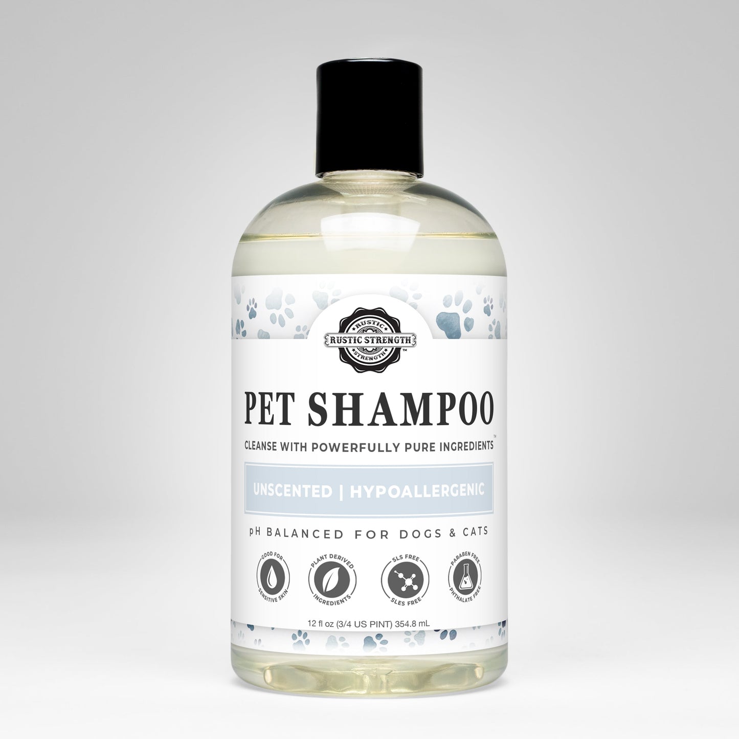 Rustic Strength Pet Shampoo in 16 oz, soothing and deodorizing, unscented pet care product with a clear bottle and label.