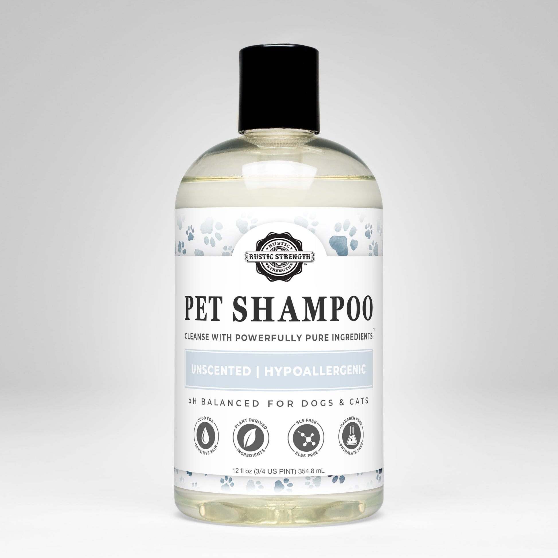 Rustic Strength Pet Shampoo in 16 oz, soothing and deodorizing, unscented pet care product with a clear bottle and label.