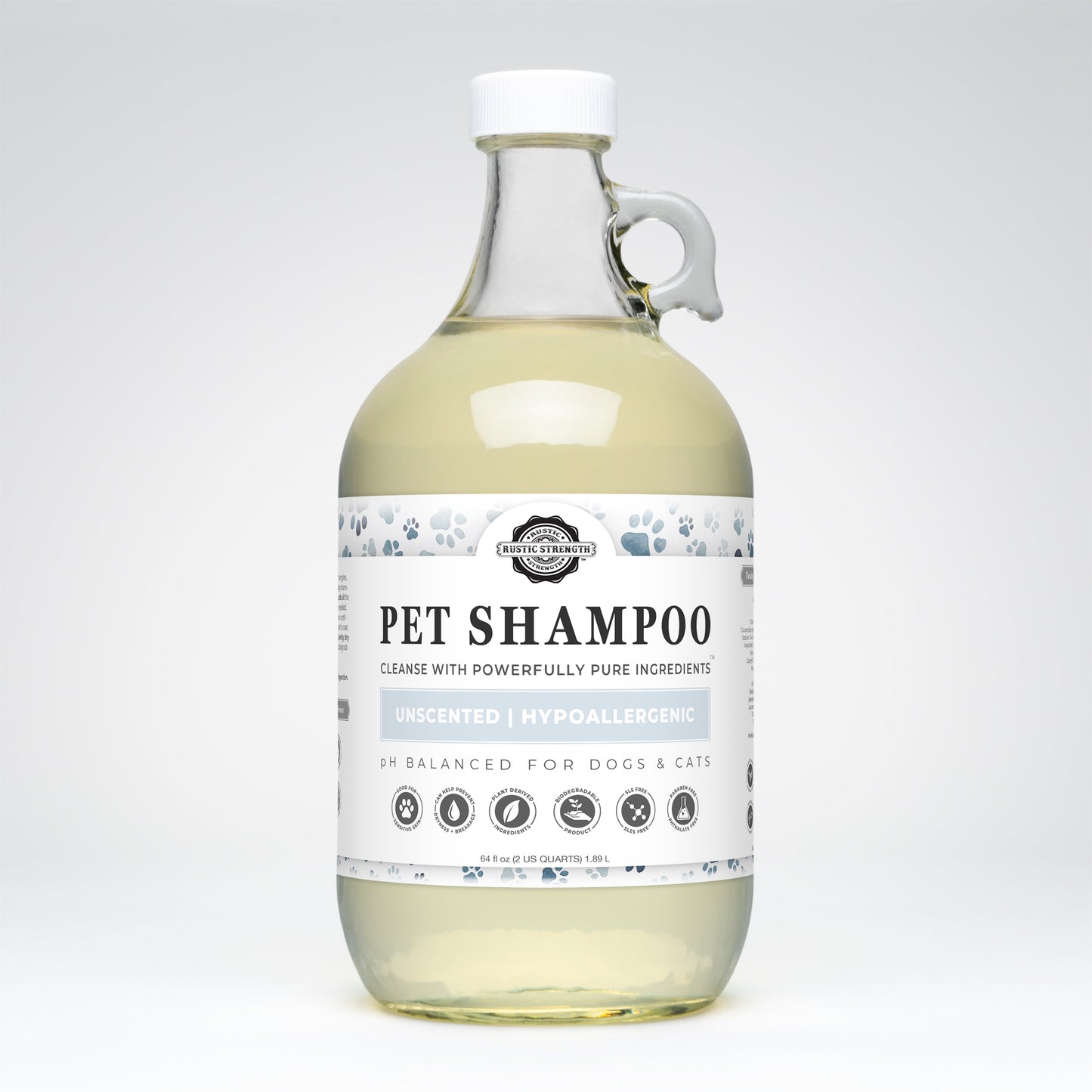 Rustic Strength 16 oz unscented pet shampoo bottle, soothing and deodorizing pet care product for clean, fresh-smelling pets.