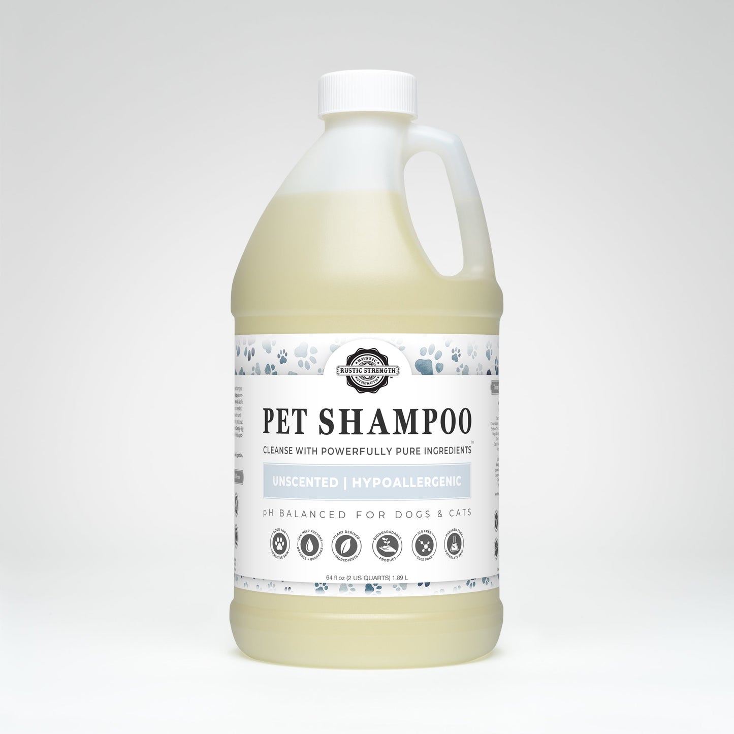Rustic Strength pet shampoo bottle, unscented soothing and deodorizing pet care product for pets with gentle formula.