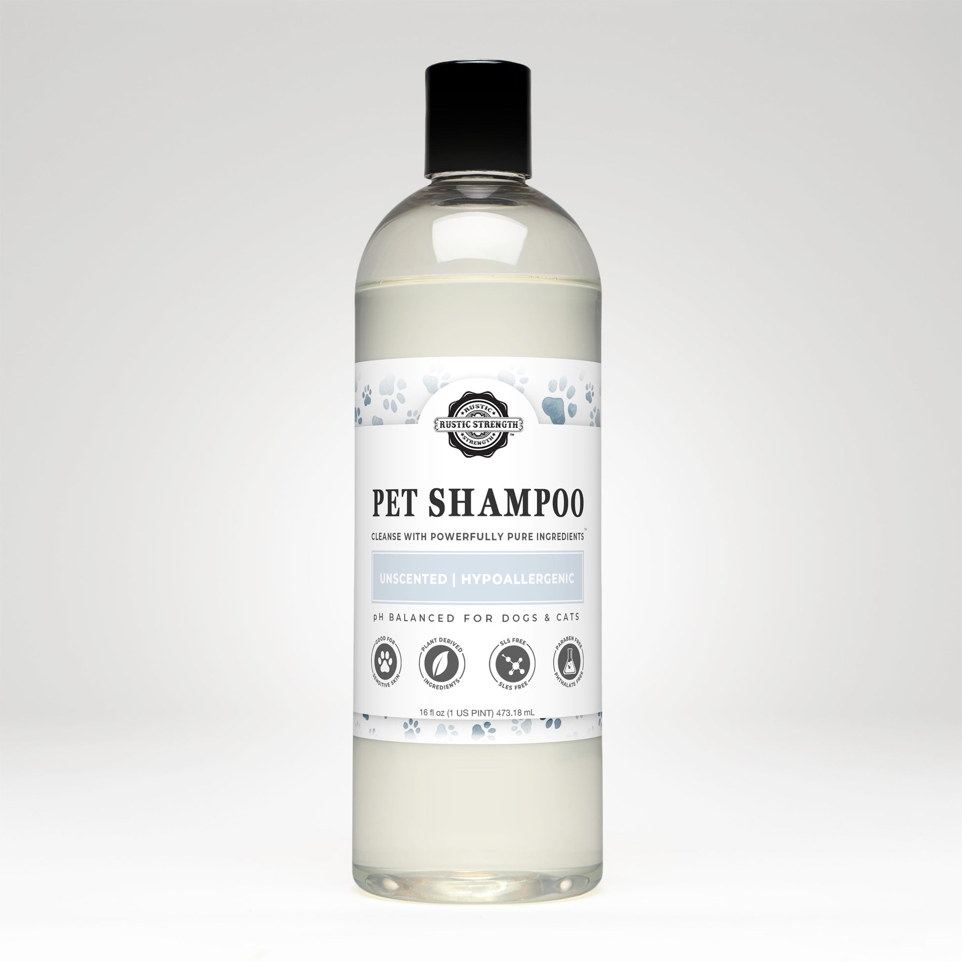 Rustic Strength Pet Shampoo in a 16 oz bottle, soothing and deodorizing pet care product, unscented for gentle cleaning.