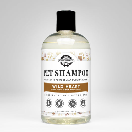 Rustic Strength Wild Heart Pet Shampoo in a 16 oz bottle, soothing and deodorizing pet care for clean, fresh pets.