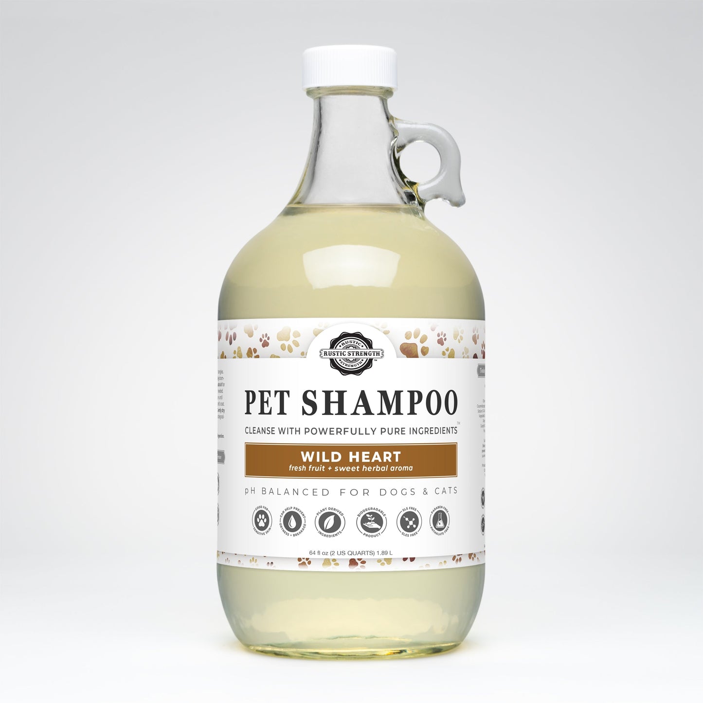 Rustic Strength Wild Heart Pet Shampoo, 16 oz, soothing and deodorizing pet care product with natural ingredients.