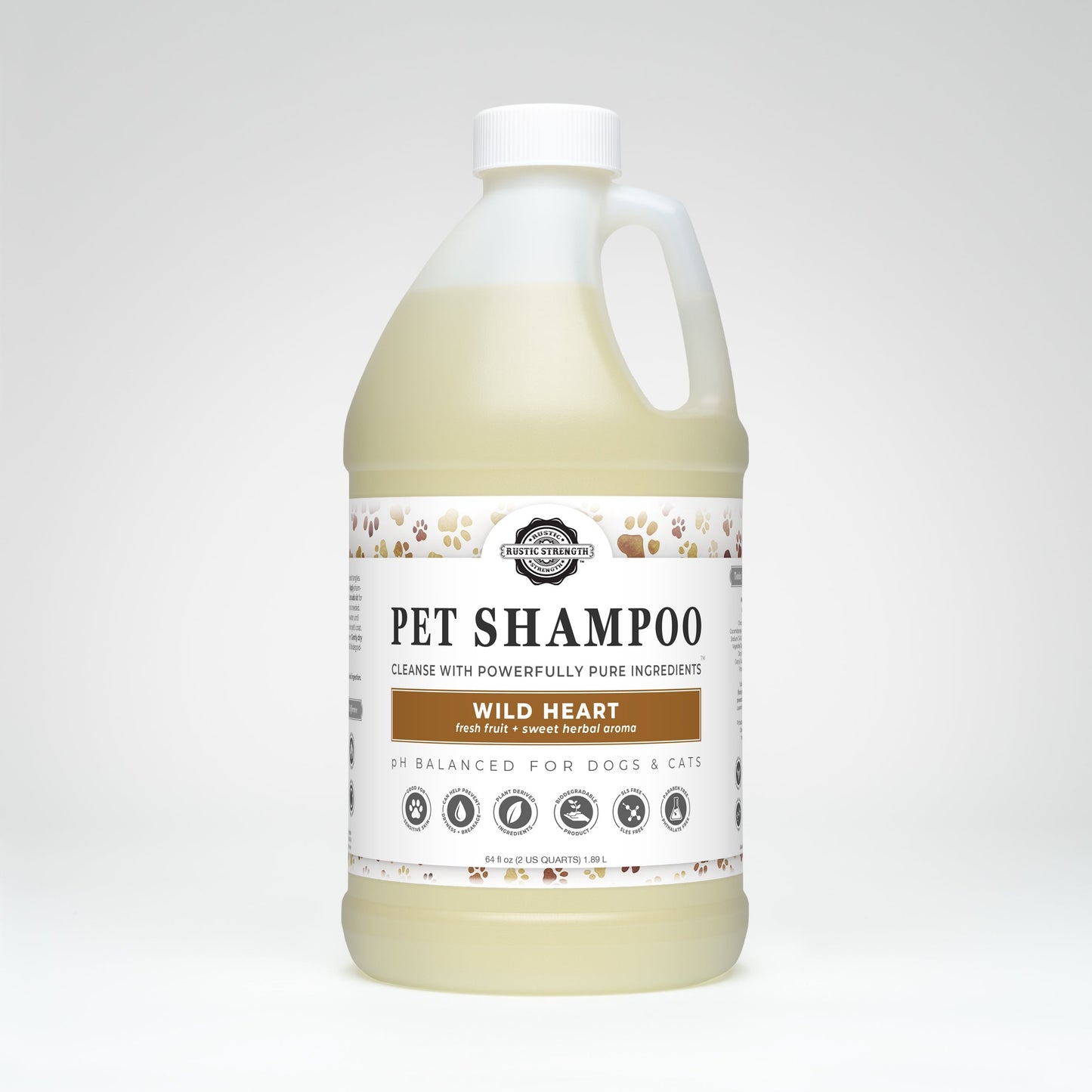 Rustic Strength Wild Heart Pet Shampoo with soothing and deodorizing formula, shown in a 16 oz bottle for pet care.