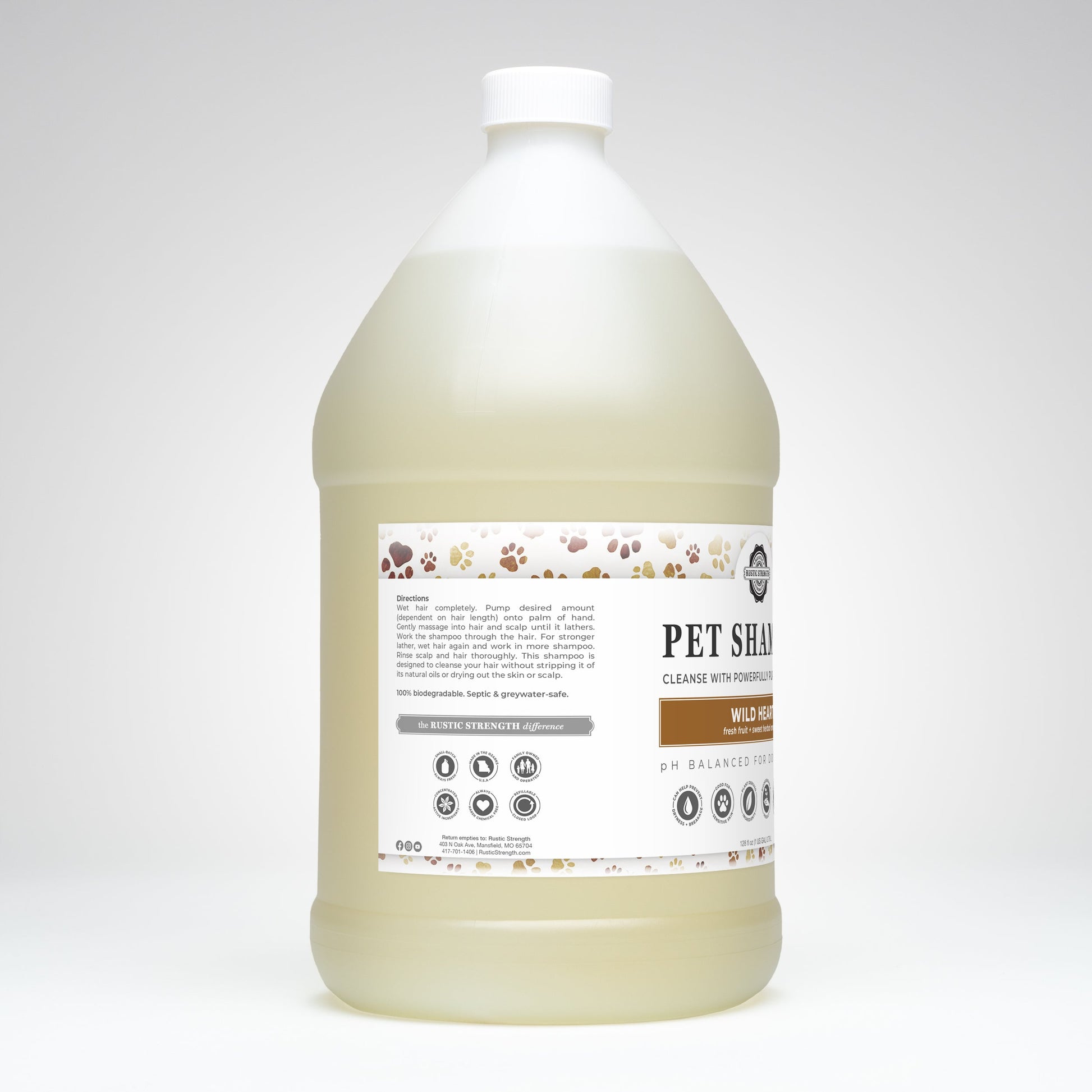 Rustic Strength Wild Heart Pet Shampoo, 16 oz, soothing and deodorizing pet care product with natural ingredients.