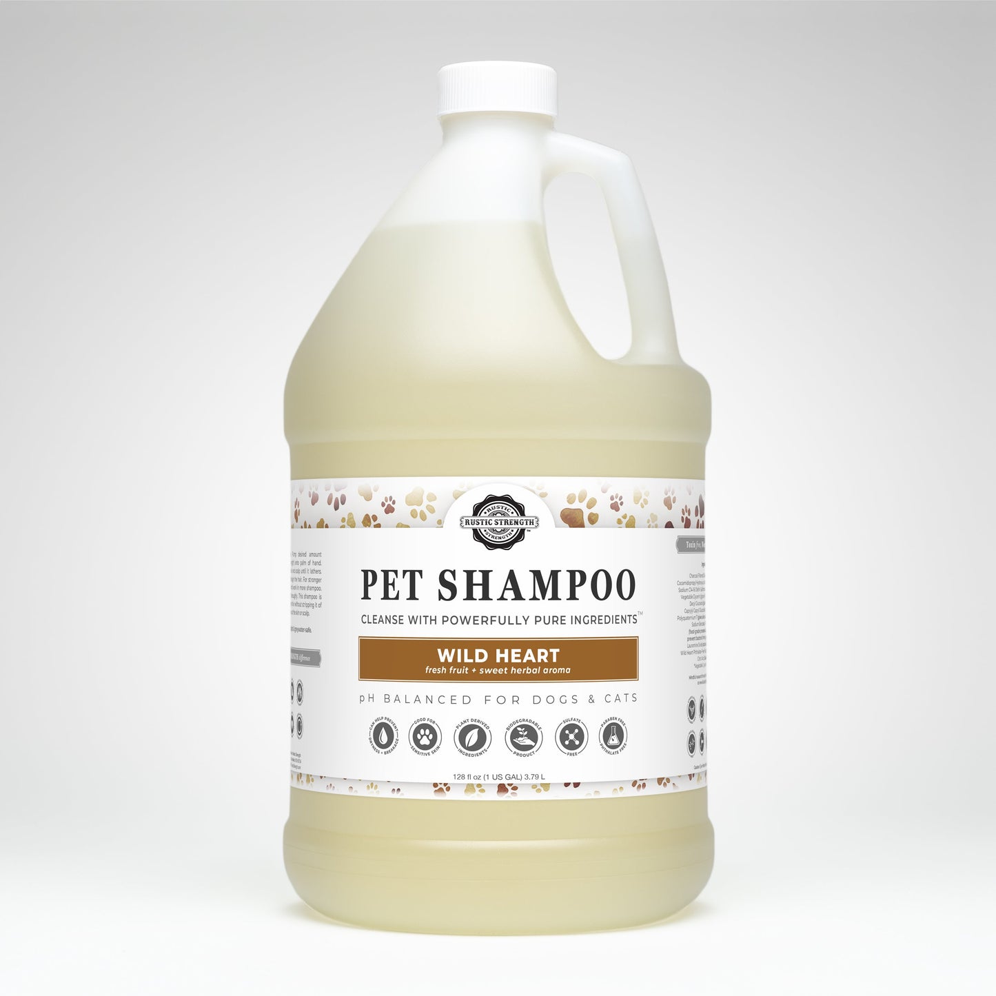 Rustic Strength Wild Heart Pet Shampoo in a 16 oz bottle, soothing and deodorizing pet care for healthy, fresh-smelling pets