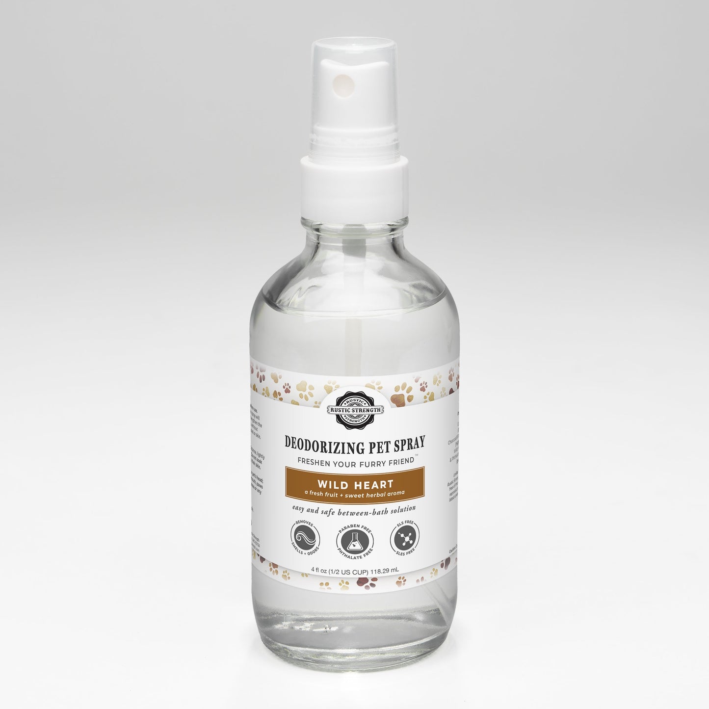 Rustic Strength Deodorizing Pet Spray, The Between-Wash Wonder, showing a spray bottle for pet odor control and freshening.